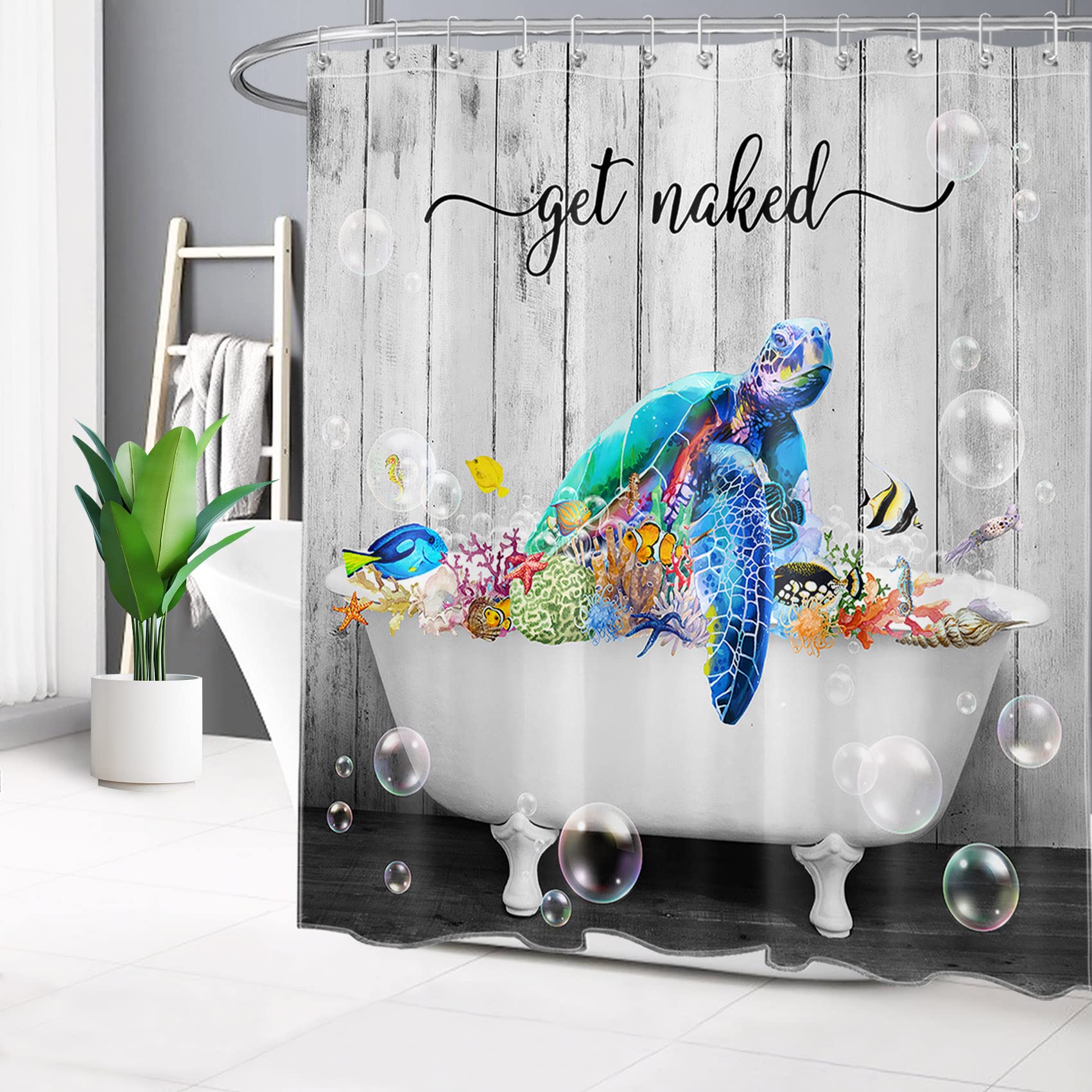 ECOTOB Sea Turtle Get Naked Shower Curtain, Sea Turtle and Other Sea Life in The Bathtub Bathroom Shower Curtain, Rustic Board Bath Curtain Set with Shower Curtain Hooks, 72X79 Inches