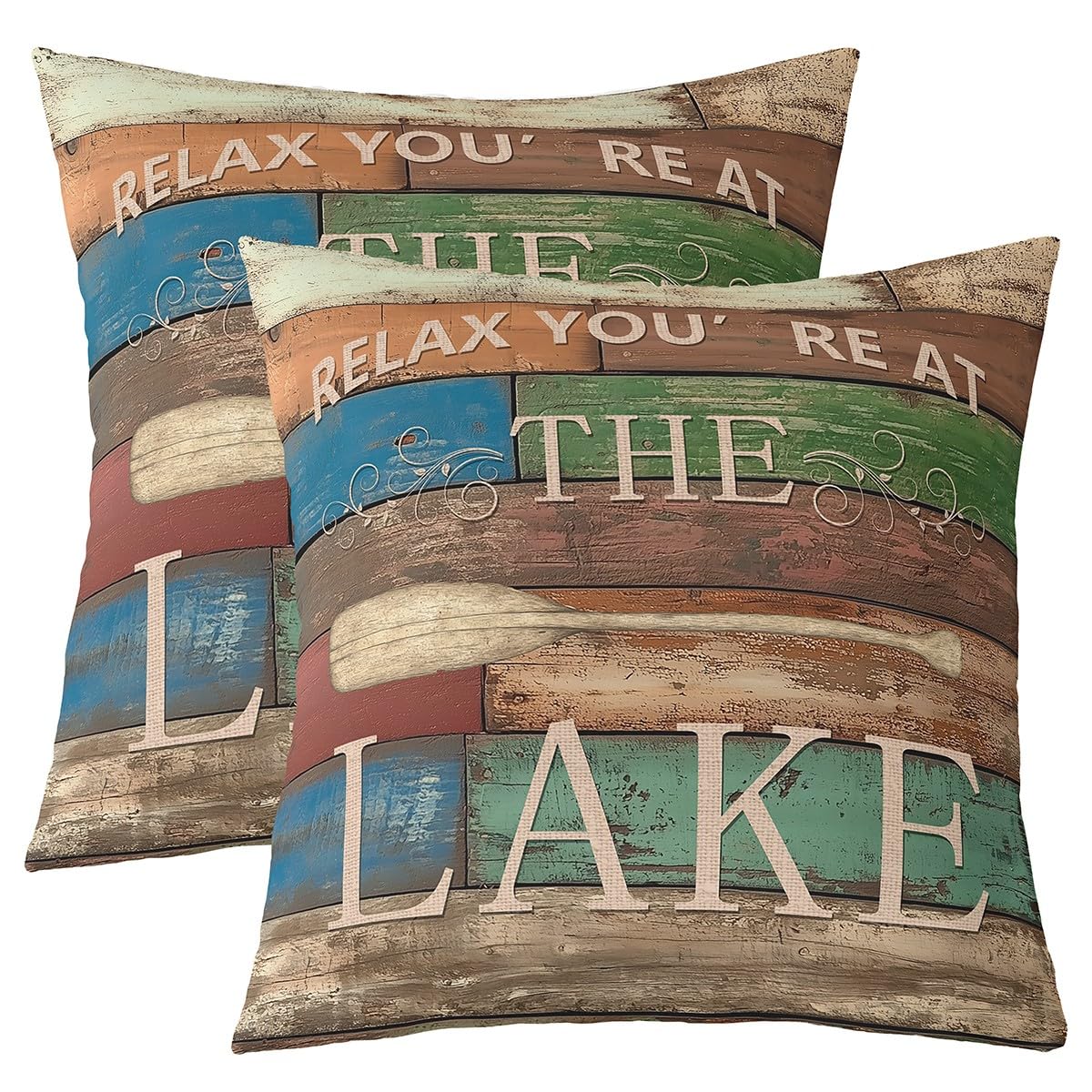 Pack of 2 Lake House Decor Throw Pillow Covers 20x20 Inch, Farmhouse Style Pillow Covers for Bed Sofa, Rustic Lake Paddle Cushion Cases, Vintage
