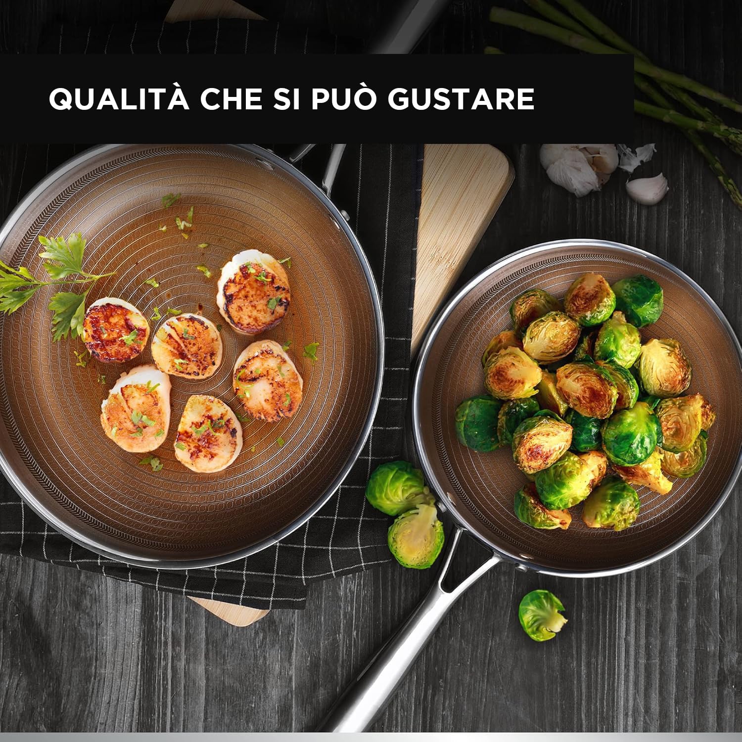 MasterPRO GIRO - Set di padelle ibride 2 pezzi (20 cm e 24 cm) - Rivestimento antiaderente ILAG a 3 strati - Struttura a nido d'ape antigraffio - Induzione e forno - Senza PFAS/PFOA/PTFE