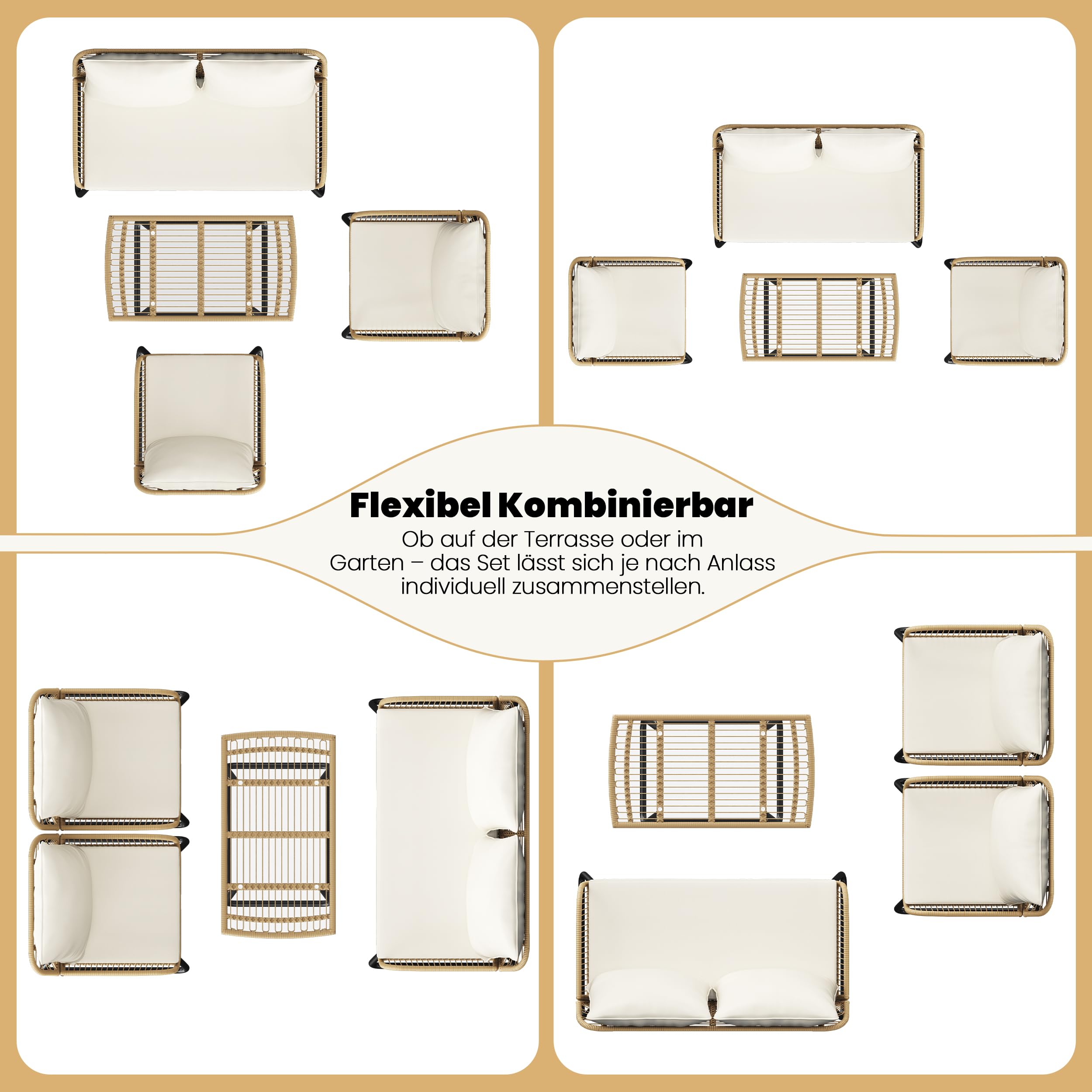 Yaheetech Polyrattan Gartenmöbel Set 4-teilig, Balkonmöbel Lounge-Set inkl.2-Sitzer 2 Sessel Tisch, Wetterfest Terrassenmöbel Sitzgruppe mit Kissen für Balkon Garten, Hellbraun & Cremeweiß