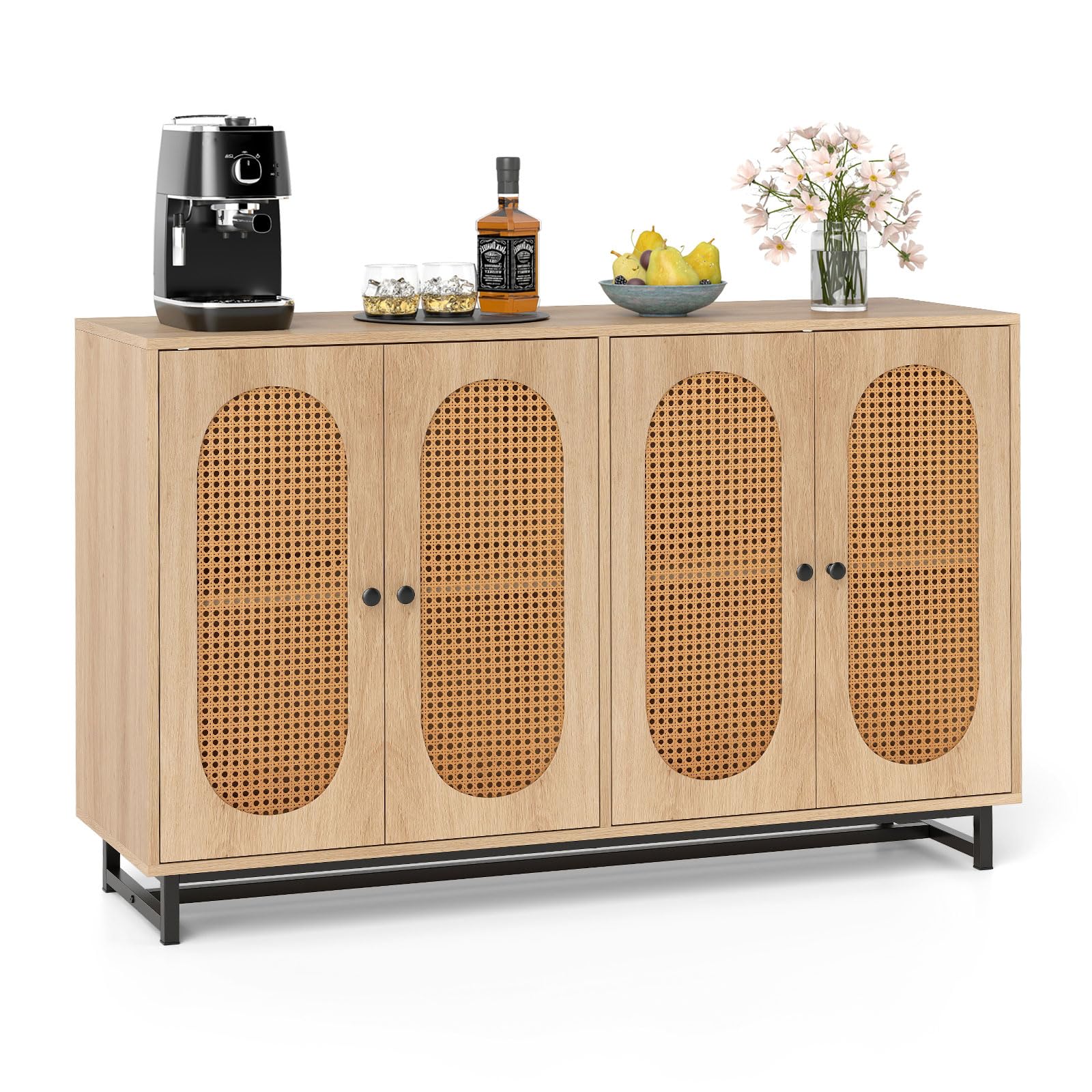 COSTWAY Kredens z 4 drzwiami rattanowymi, szafka kuchenna z drewna, szafka bufetowa z regulowanymi półkami i metalowymi nogami, komoda do kuchni, jadalni, salonu, 126 x 40 x 81 cm, naturalna