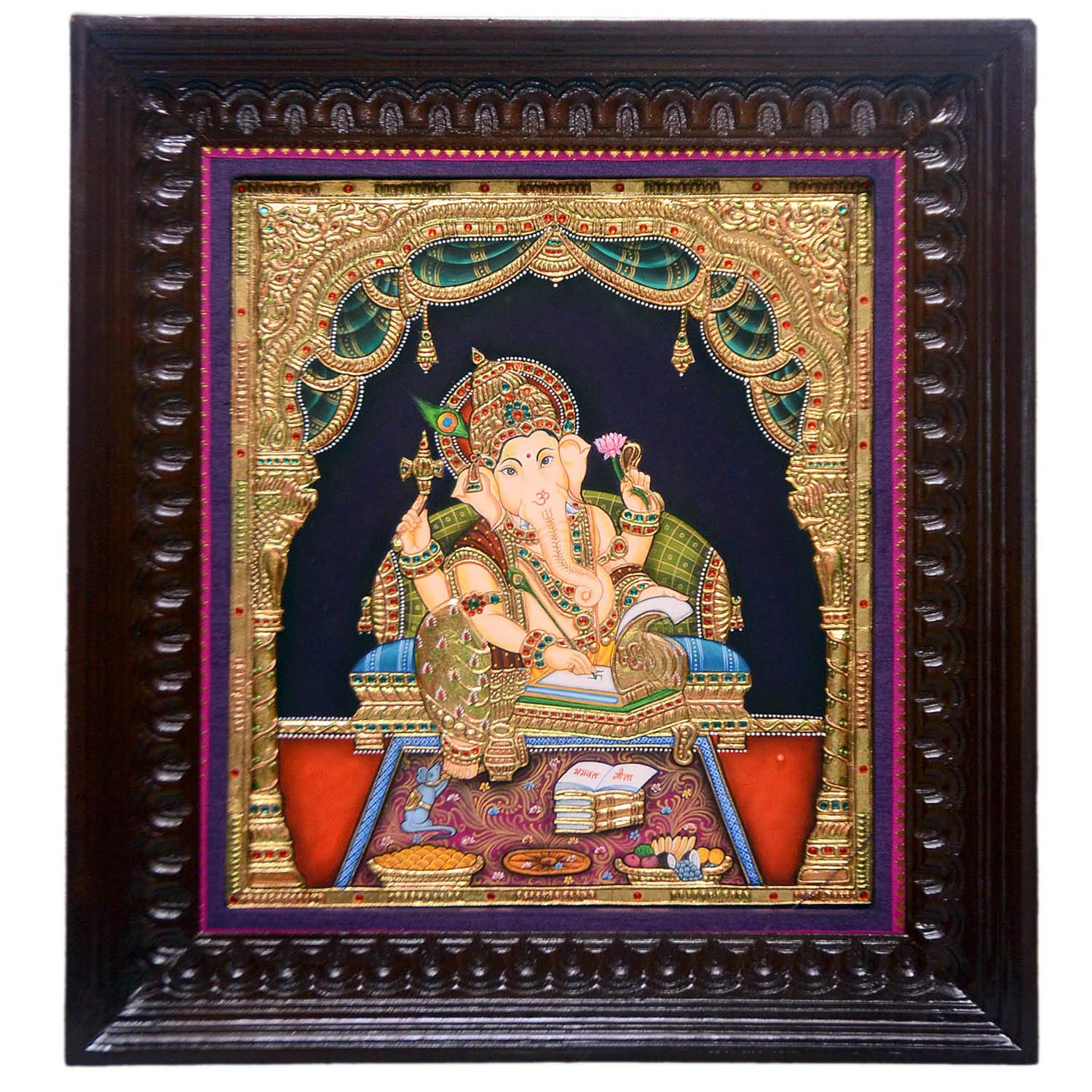 SPICE ART 3D Embossed Ganesha Tanjore Painting, Handmade Original Gold Foil Home Decor, Large Framed Artwork, Wall Painting for Kitchen, Office and Living Room (20 X 22 Inches)