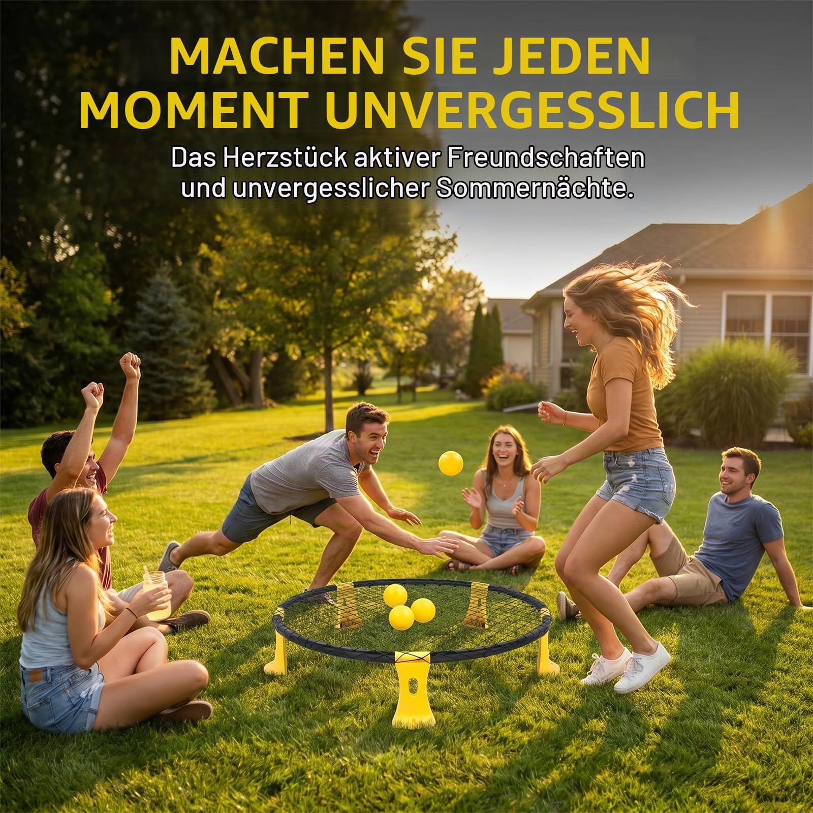 Outdoor Roundnet Spieleset,Outdoor Team Ballspiel bestehend aus Spielnetz, 3 Bällen, Kordelzug, Ballpumpe und Handbuch