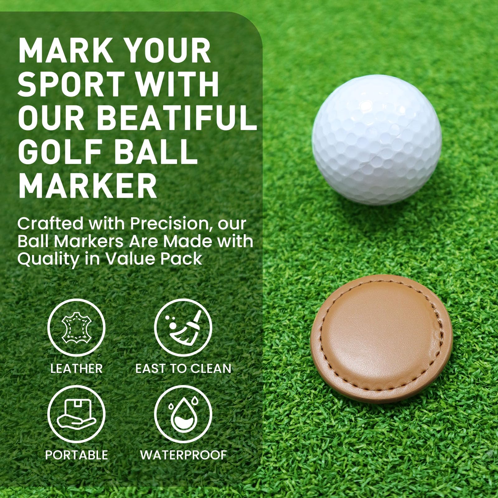 FINGER TEN Golf Ball Markers Magnetic Leather Value 2 6 Pack, Gift Set Mark Position Golf Marker Divot Tool Accessories for Men Women Kids (Light Brown-2 Pack)