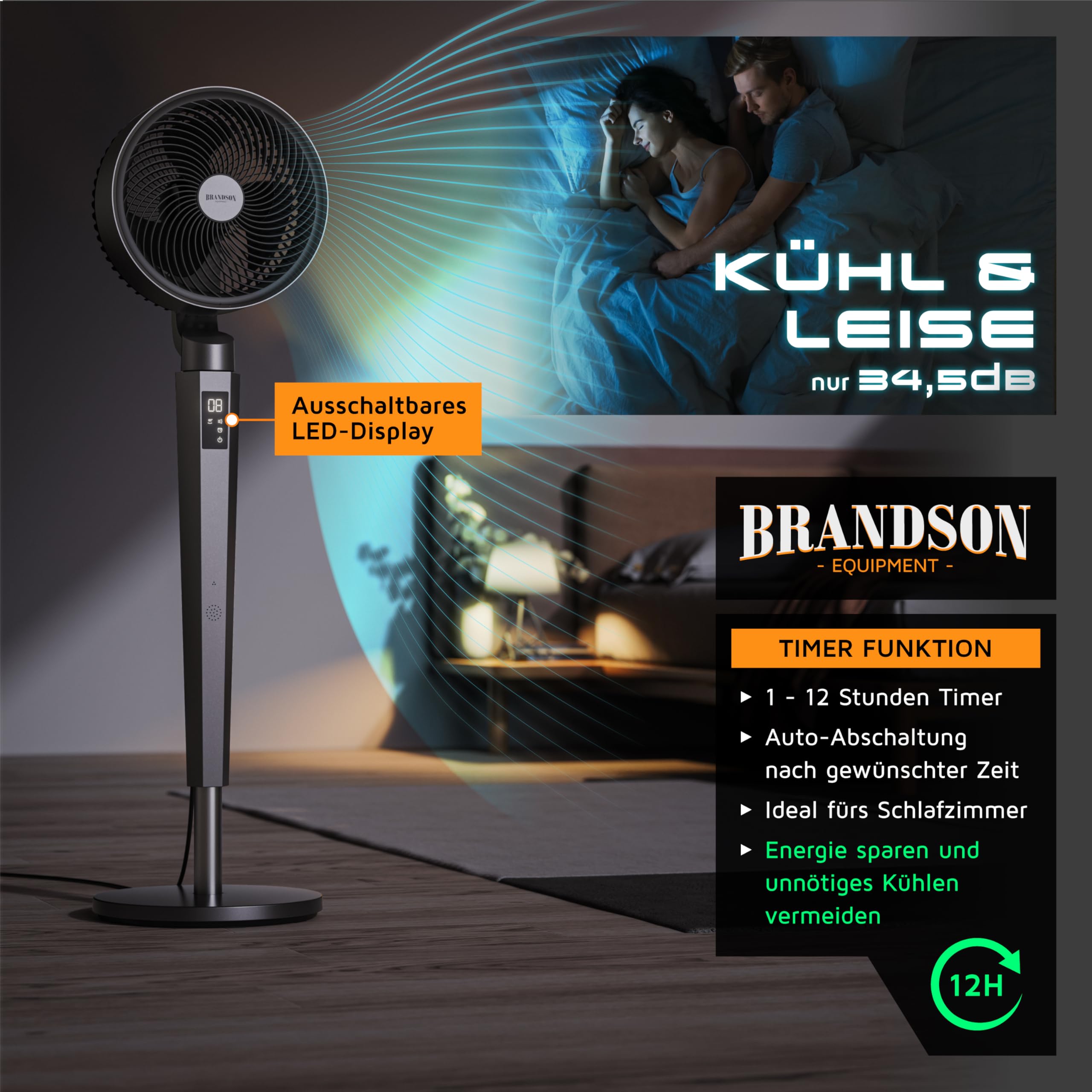 Brandson - 3D Standventilator mit DC Motor – ECO Design sehr leise – Sieger Ventilatoren und Luftkühler 2026-60% Energieeinsparung – 24 Geschwindigkeiten – horizontale und vertikale Oszillation