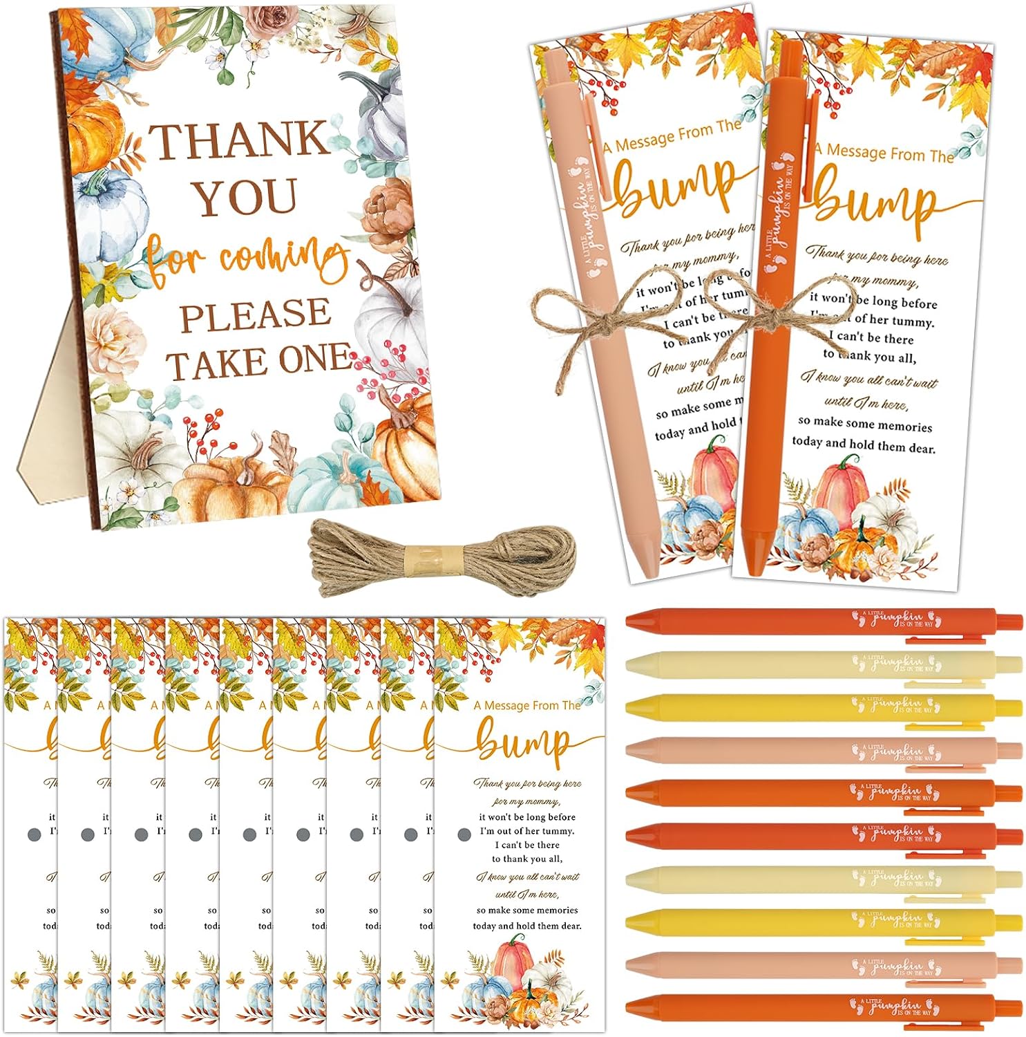 50 Sets Little Pumpkin Baby Shower Favors Baby Shower Pens Gifts Bulk Fall Pumpkin Theme Sign 50 Ballpoint Pens 50 Thank You Cards with Twine for Gender Reveal Party Thanksgiving Return Gifts Prizes