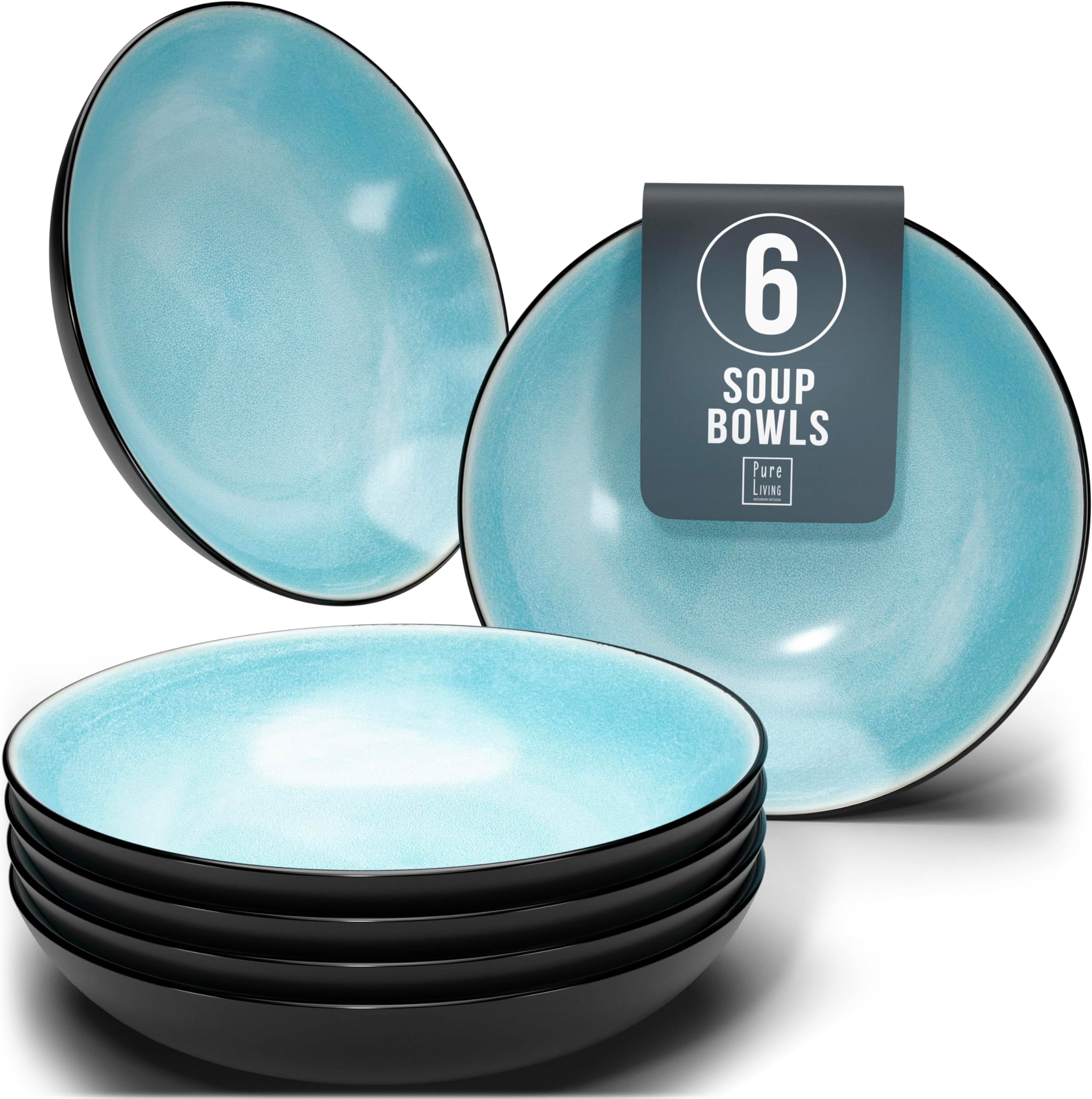 Stylish Stoneware Dinner Set - 6-Piece Deep Plates Set - Featuring Ibiza Series Deep Plates - Elegant Pasta and Soup Bowls for 6 - Pure Living Collection in Aquamarine