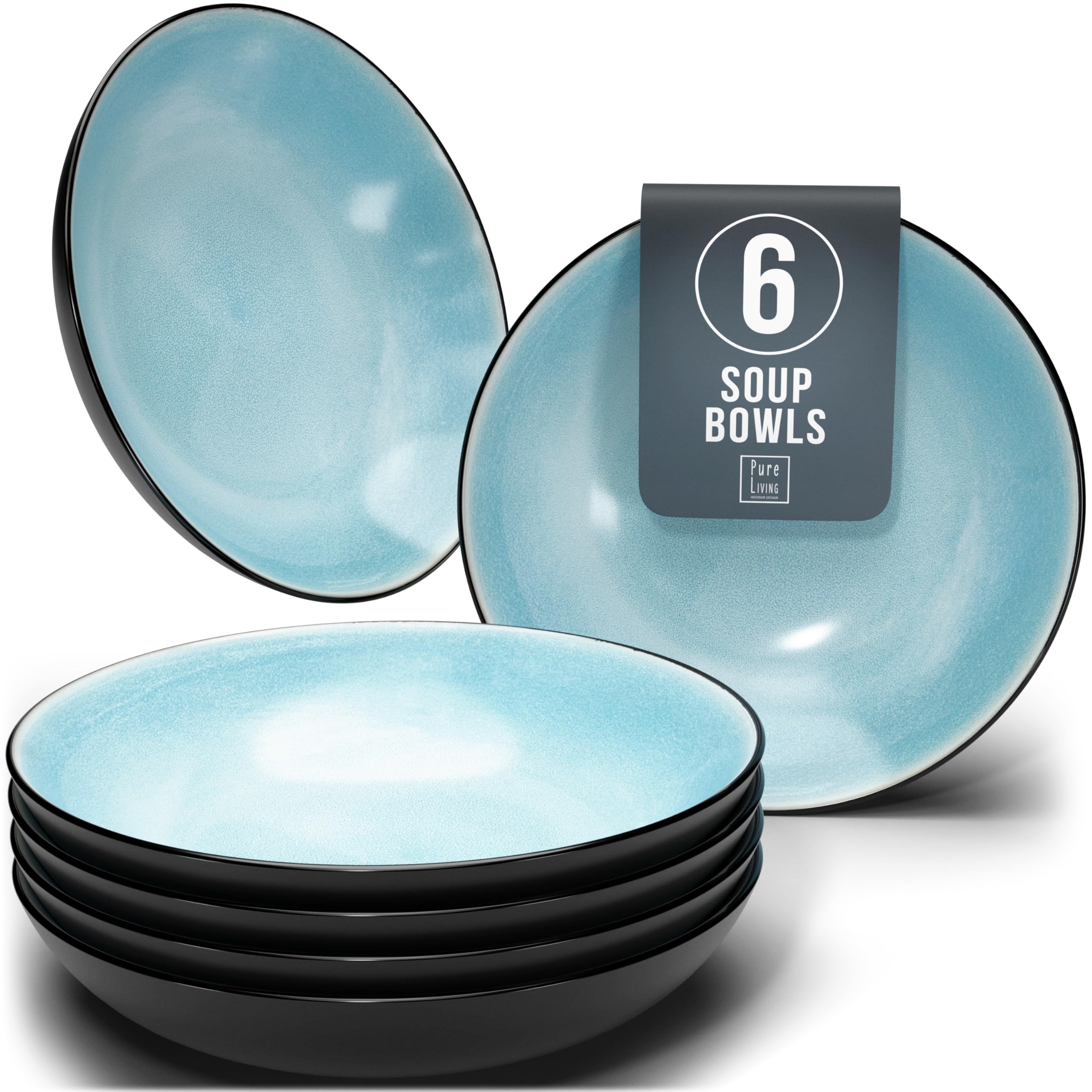 Stylish Stoneware Dinner Set - 6-Piece Deep Plates Set - Featuring Ibiza Series Deep Plates - Elegant Pasta and Soup Bowls for 6 - Pure Living Collection in Aquamarine