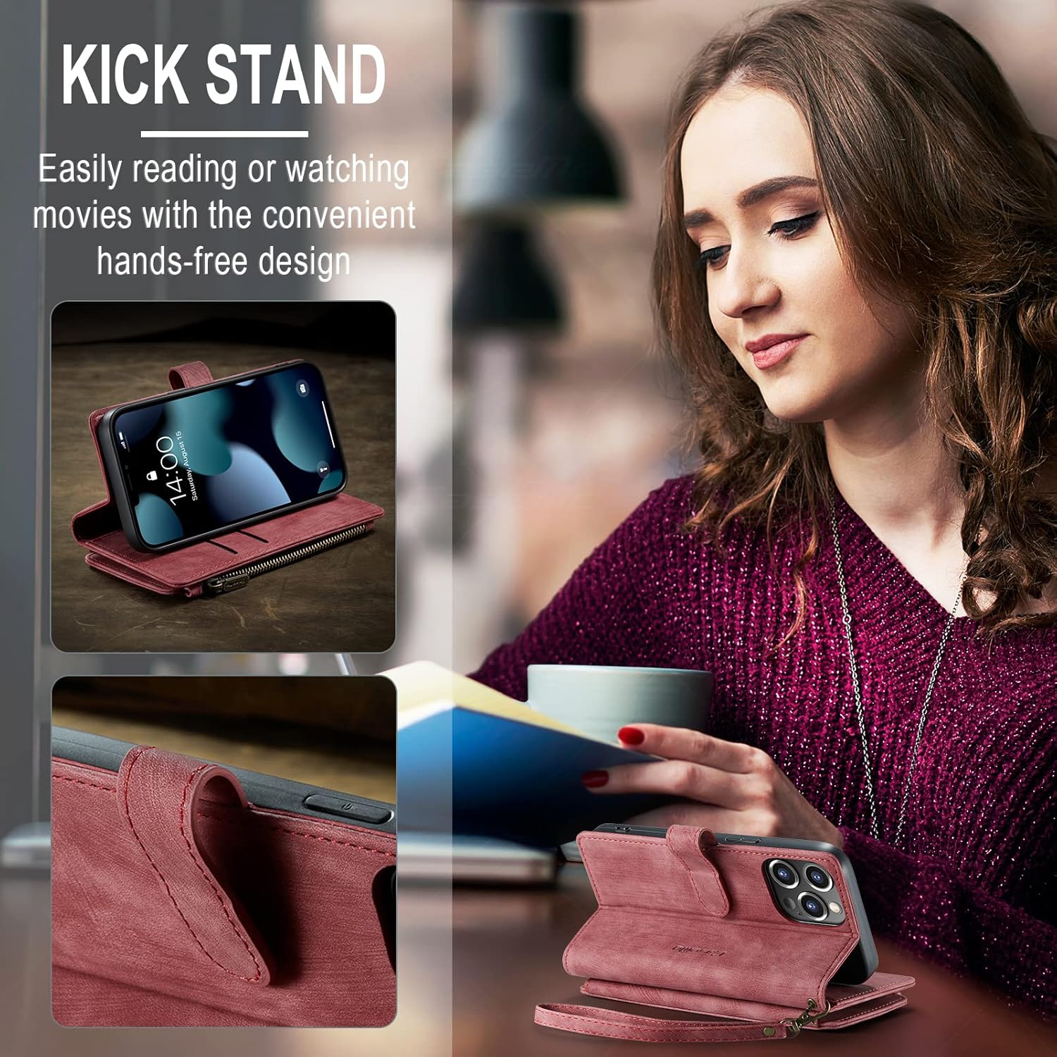 for iPhone 11 Wallet Flip Case with Card Holder - PU Leather Protective Shockproof Folio Cover with Slots Wrist Strap Magnetic Closure Zipper Purse Kickstand Red