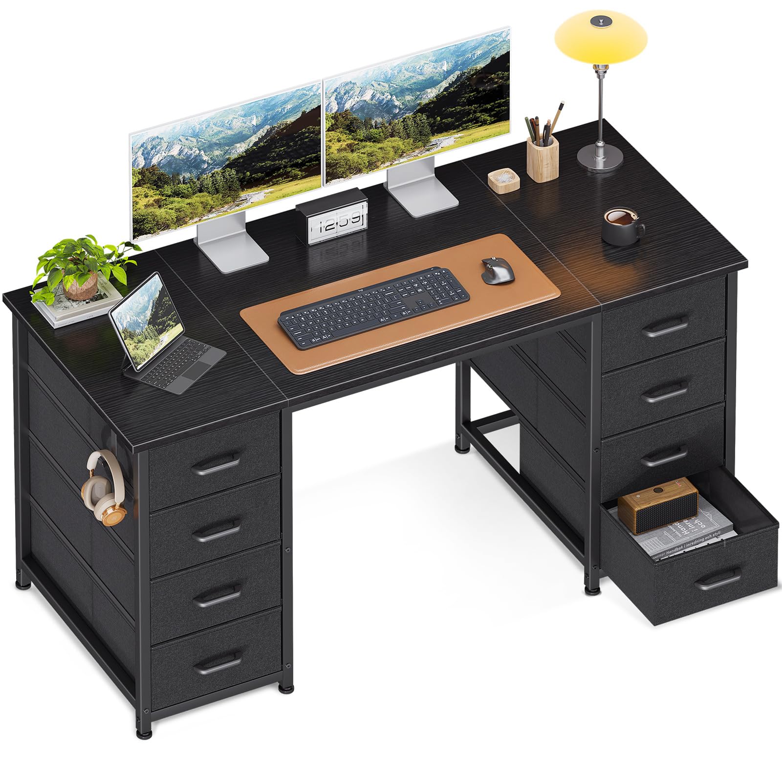 ODK 48 Inch Computer Desk with 8 Fabric Drawers, Modern Office Desk with Large Storage for Home Office, Study, Gaming, Black