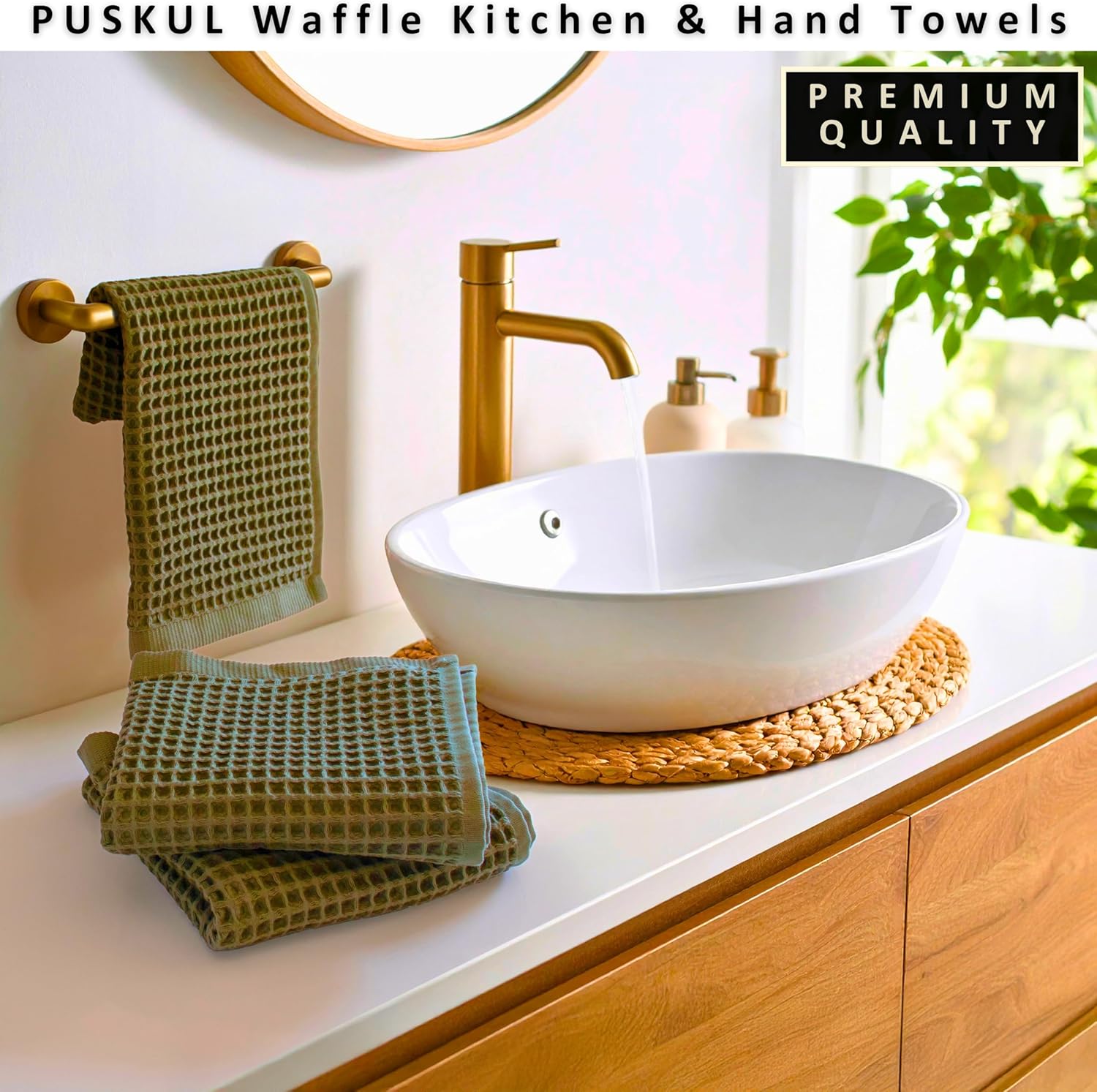 PÜSKÜL Natural 100% Turkish Cotton Waffle Kitchen Towels Set of 3 | Oeko-Tex, Premium Waffle Hand Towels for Bathroom | Soft Absorbent Quick-Dry Lint-Free Dish Towel Large 32x16 inch (3, Khaki Green)