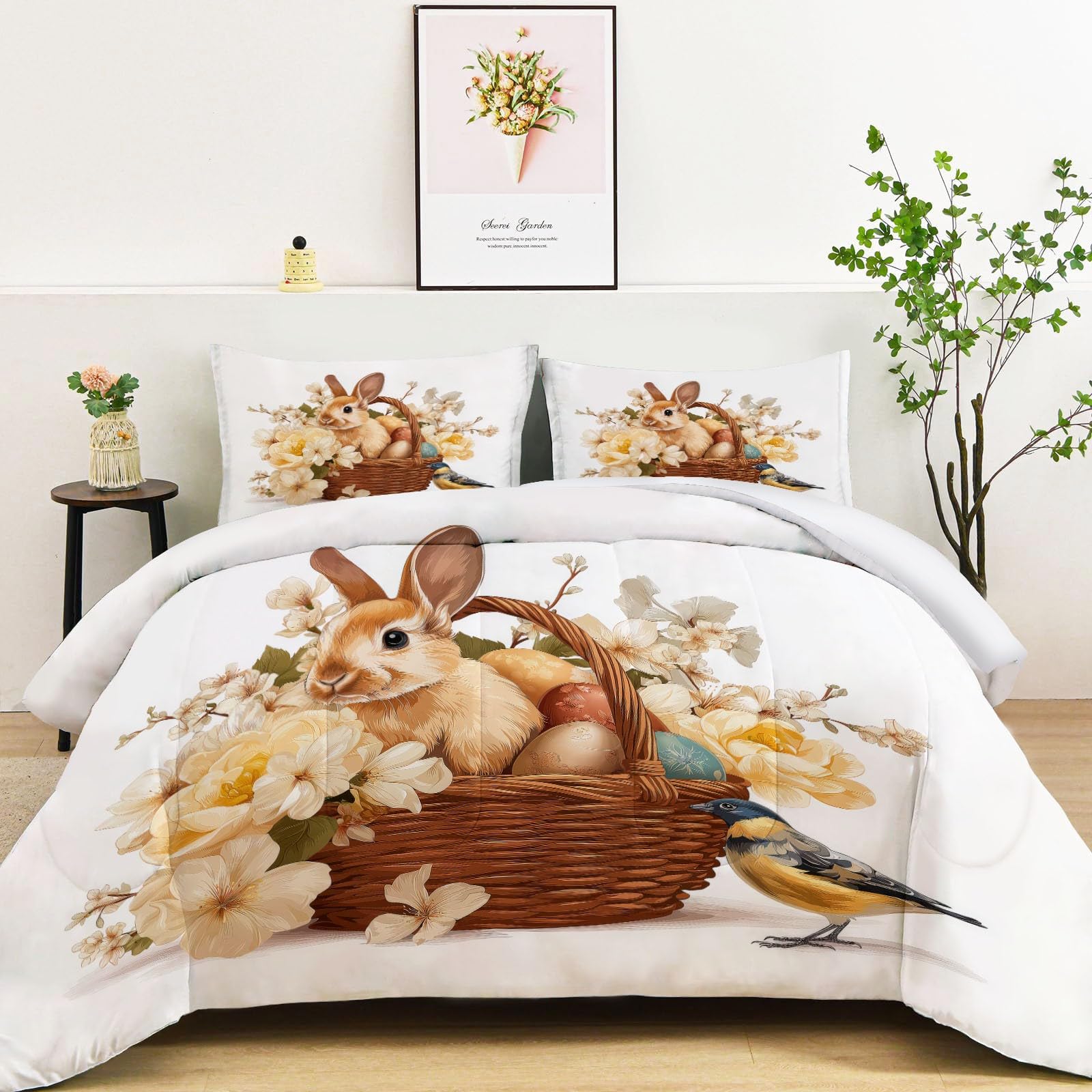 Podwójna kołdra bez poszewki na kołdrę dwustronna 135 x 200 cm wielkanocny króliczek zimowy letni kosz na kwiaty pikowana miękka kołdra kołdra lekka zimowa letnia pikowana poszewka na kołdrę beżowa