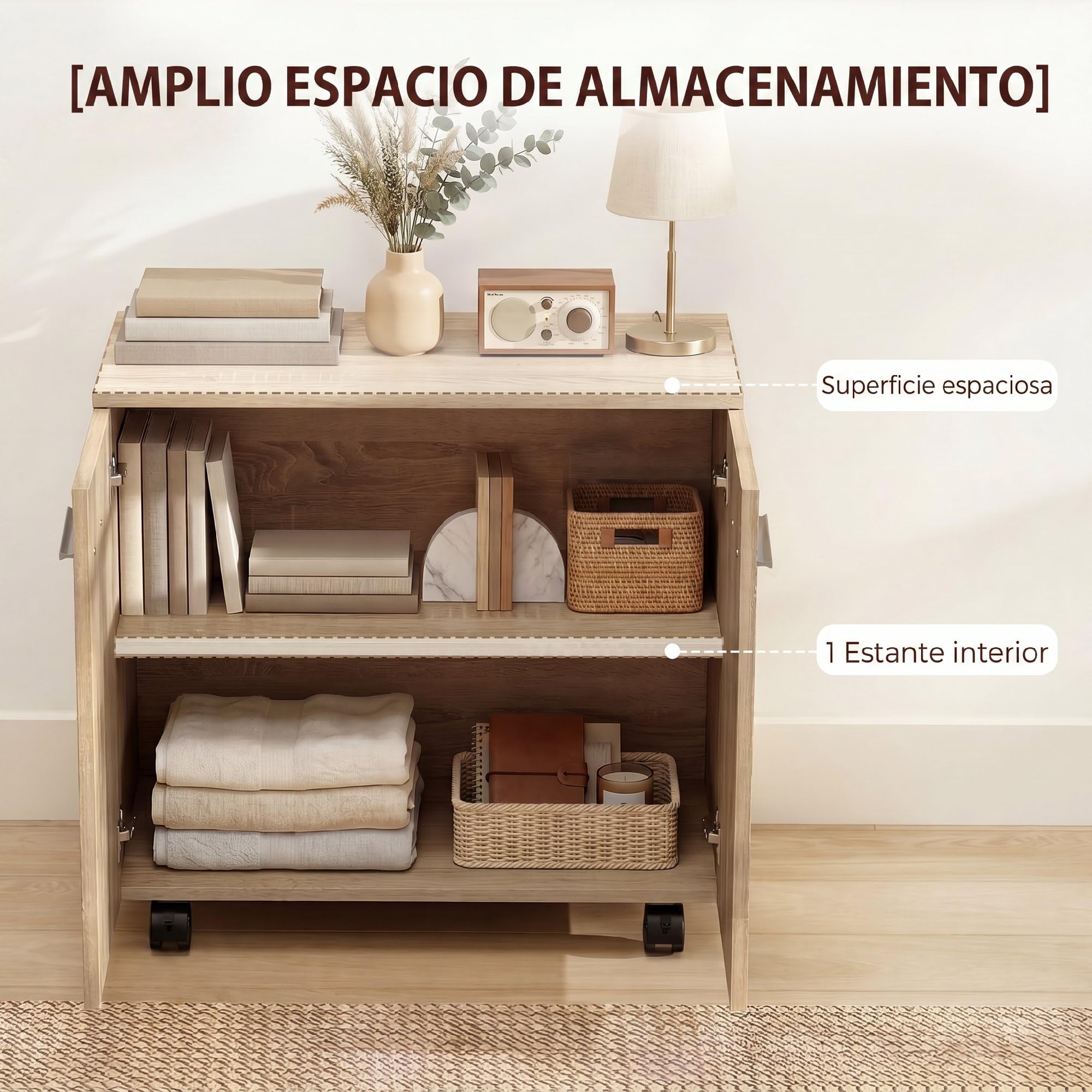 HOMCOM Aparador con Ruedas, Aparador de Salón con 2 Puertas y Estantes, para Sala de Estar, Dormitorio, Oficina, 60x35x65 cm, Natural