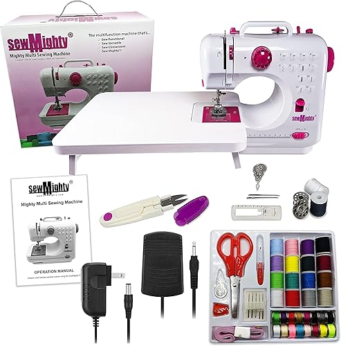 Sew Mighty Mini máquina de coser portátil y kit de costura, 12 patrones de puntada preprogramados, funciona con batería y CA, doble velocidad, cose