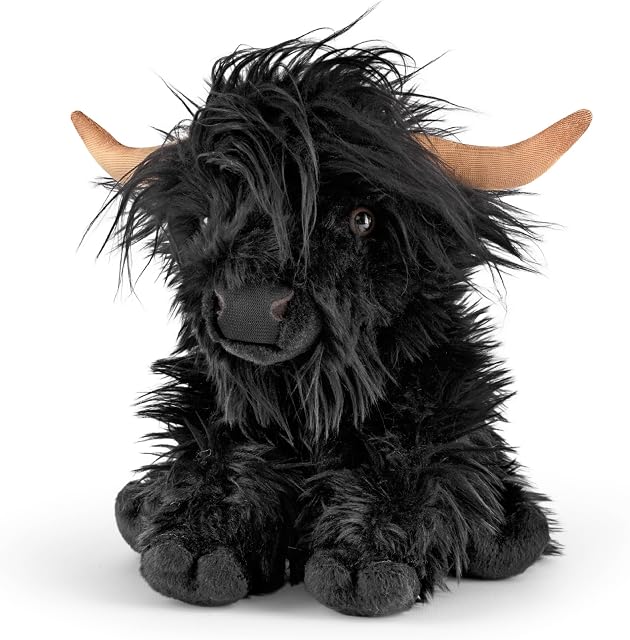 Living Nature Black Highland Cow with Mooing Sound, Realistic Soft Cuddly Farm Toy, Naturli Eco-Friendly Plush, 22cm