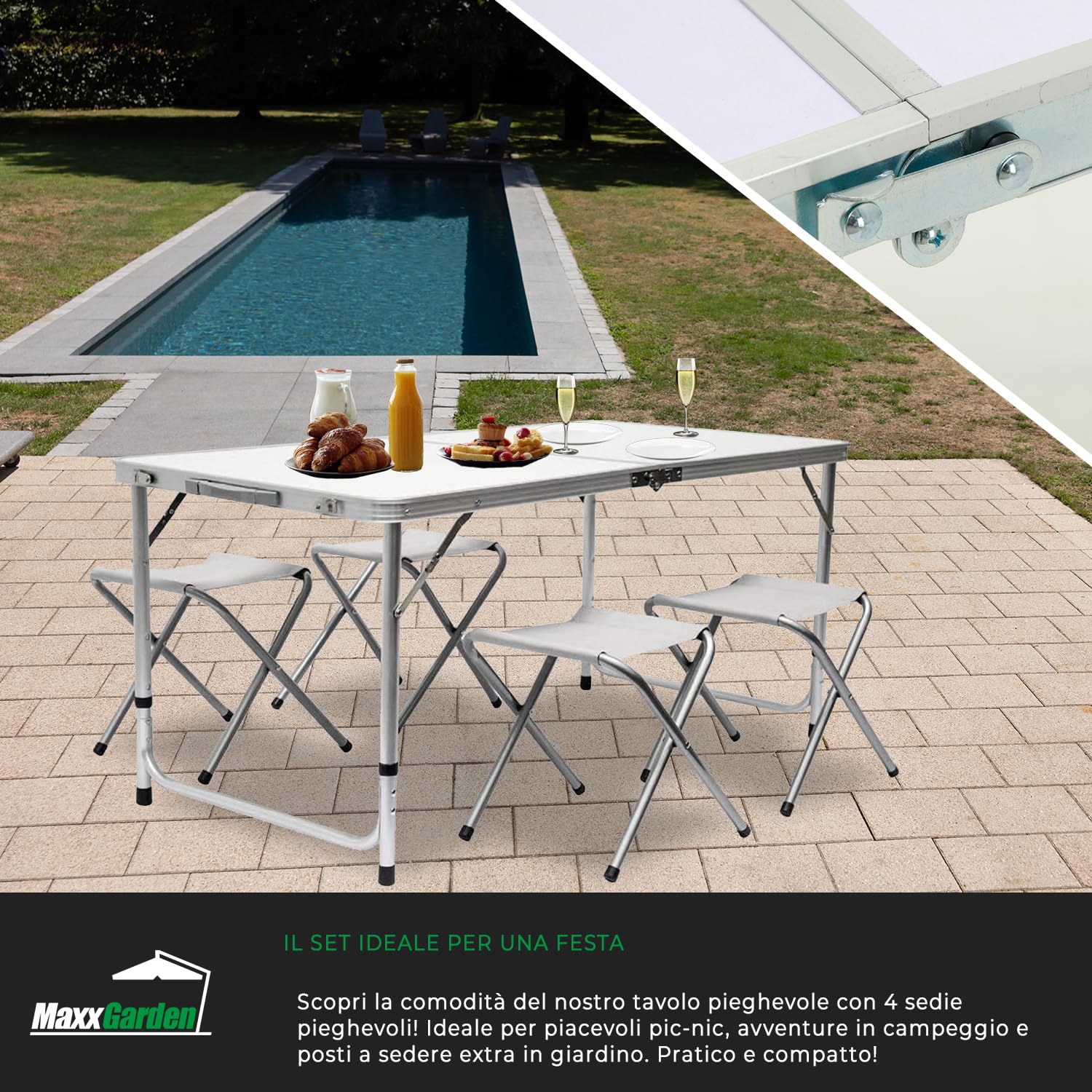 MaxxGarden Tavolo Pieghevole da Esterno – Tavolo da Giardino, Pic Nic e Campeggio – 120x60x70 cm – Salvaspazio – Colore Bianco