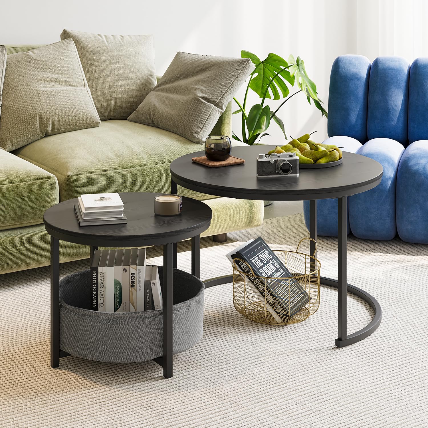 Couchtisch Rund, 2er Set Sofa Couchtisch Industrial Style, verschachtelte Beistelltische aus Metall und Holz, Vintage Sofa Tisches, Metall Satztisch Aufbewahrungstasche aus Stoff Schwarz
