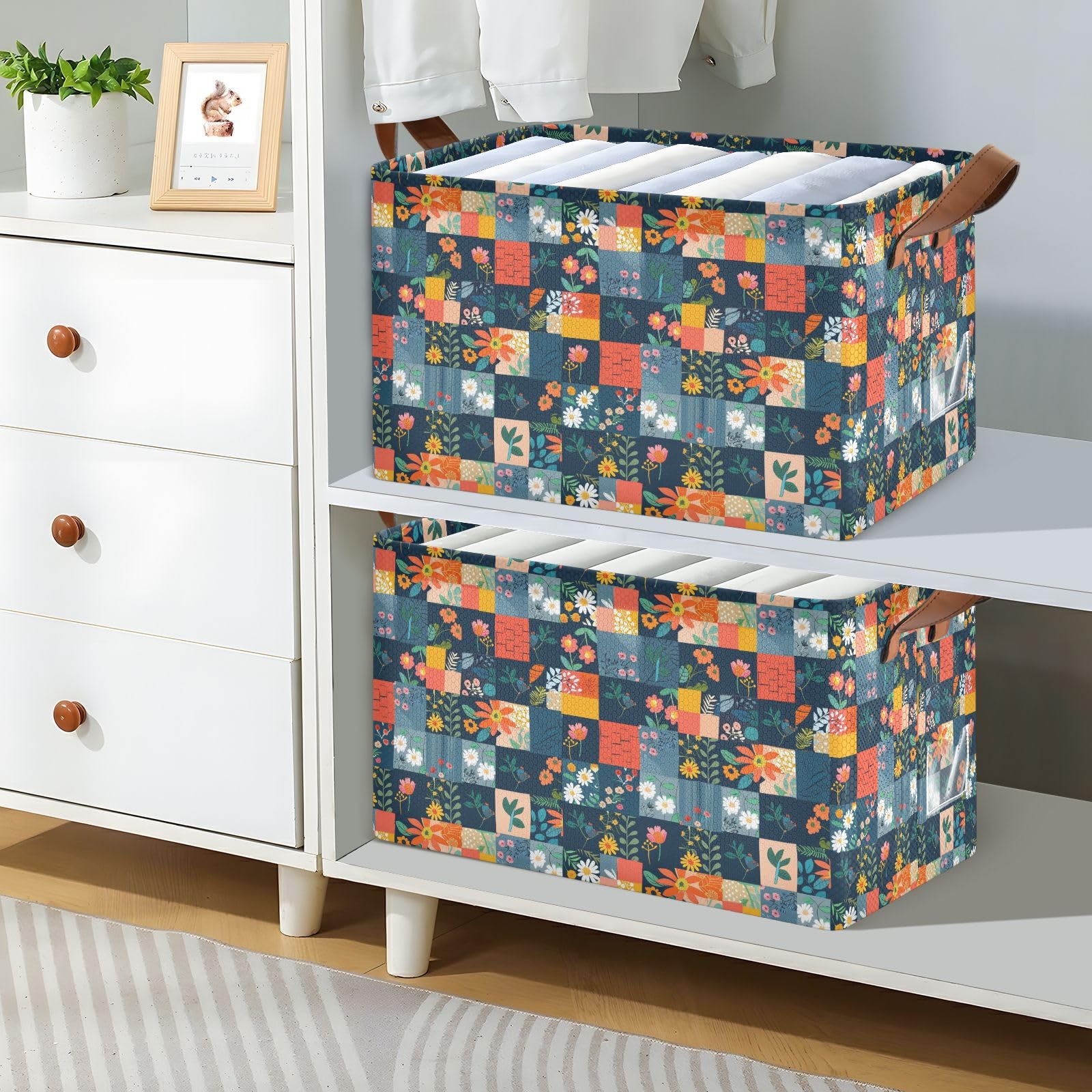KLL Cestini per mensole a quadri con cuciture floreali con manici pieghevoli cubi di stoccaggio per armadio panno regalo 2 confezioni cestas para organizar ba?o