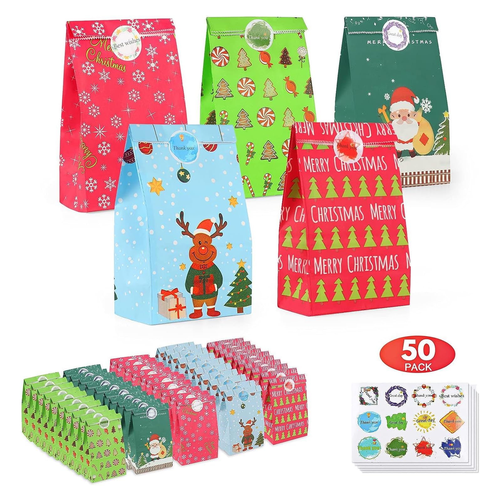 Litmitfu 50 Weihnachts-Geschenktüten Mit „Merry Christmas“ – Bunt, Lebensmittelecht