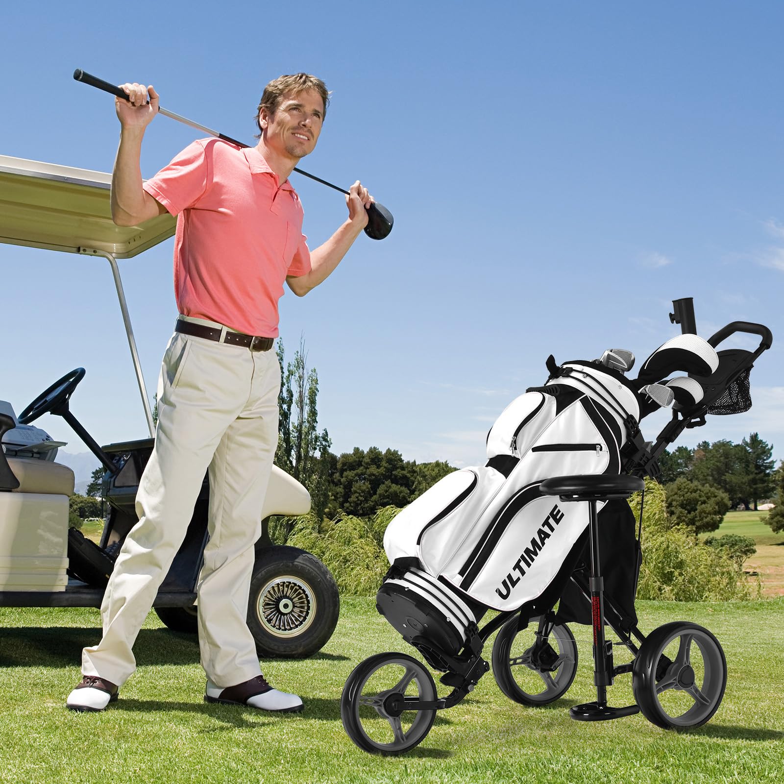 GYMAX Carro de Golf Plegable 3 Ruedas con Altura Ajustable y Portabebidas