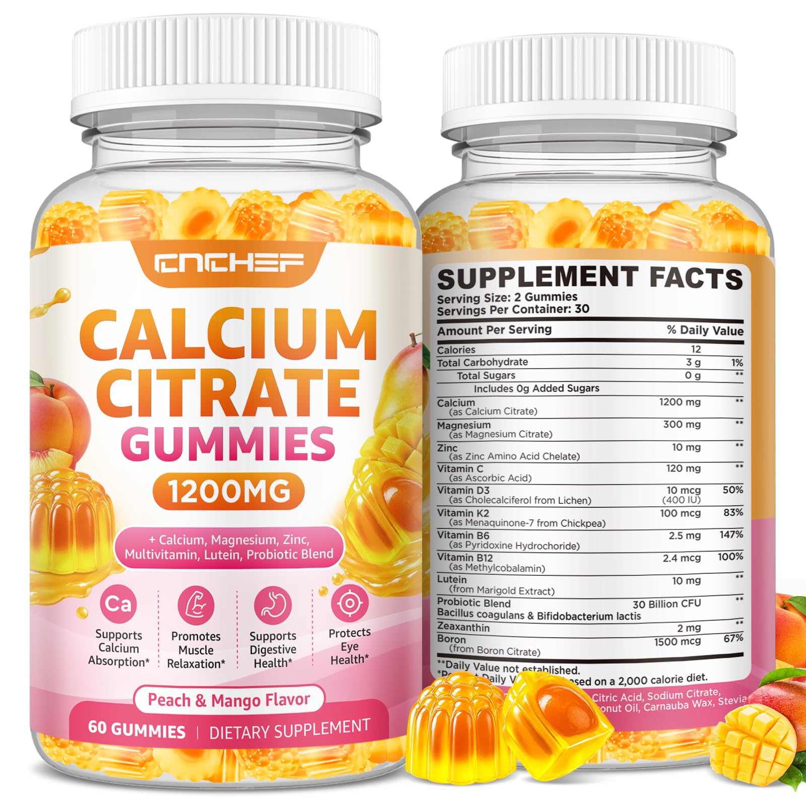 Calcium Gummies 1200mg, Calcium Supplements for Women with Vitamin D3, K2, Magnesium, Zinc High Absorption for Bone Muscle & Immune Support, Sugar Free, Vegan, Peach & Mango Flavor Peach & Mango 60 Count (Pack of 1)