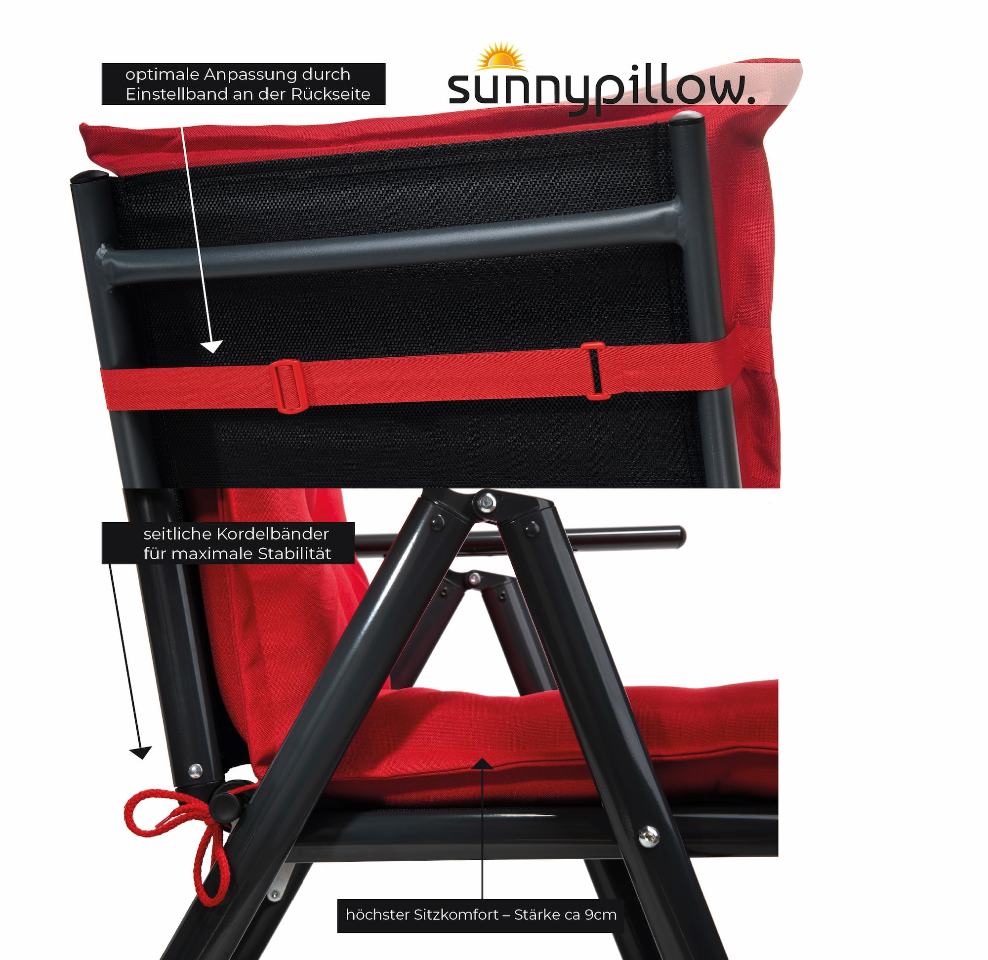 sunnypillow 6 poduszek na krzesła ogrodowe z niskim oparciem, 100 x 50 x 9 cm, 6 kolorów do wyboru, nakładki na krzesła do użytku wewnątrz i na zewnątrz, kolor czerwony