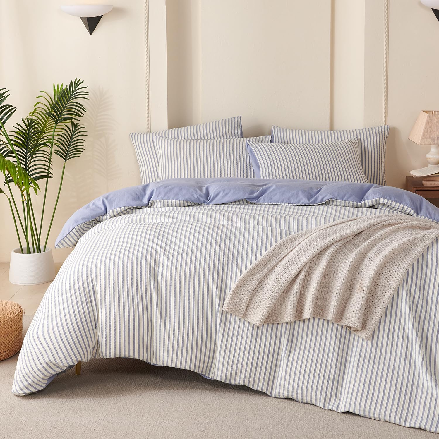 BUPIRD Comforter Set Queen Striped Blue 100% Soft Washed Microfiber Jacquard 3 Pieces Striped Bedding Sets Blue White Comforter for All Seasons and 2