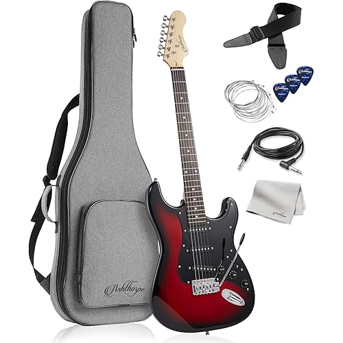 Ashthorpe 39-Inch Electric Guitar (Red-Black), Full-Size Guitar Kit with Padded Gig Bag, Tremolo Bar, Strap, Strings, Cable, Cloth, Picks