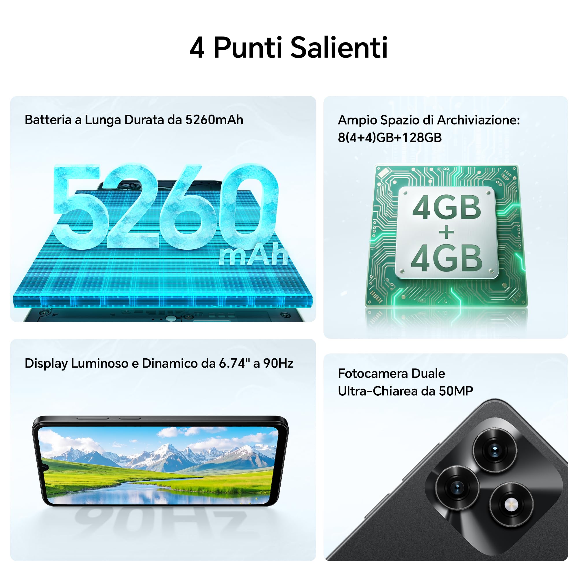 HONOR X5c Plus Smartphone,5260 mAh, 4G RAM/128G telefono con Display 6,74 pollici 90 Hz, Fotocamera 50+5MP, Android 15, Octa-core cellulare impronta digitale e riconoscimento facciale, Midnight Black