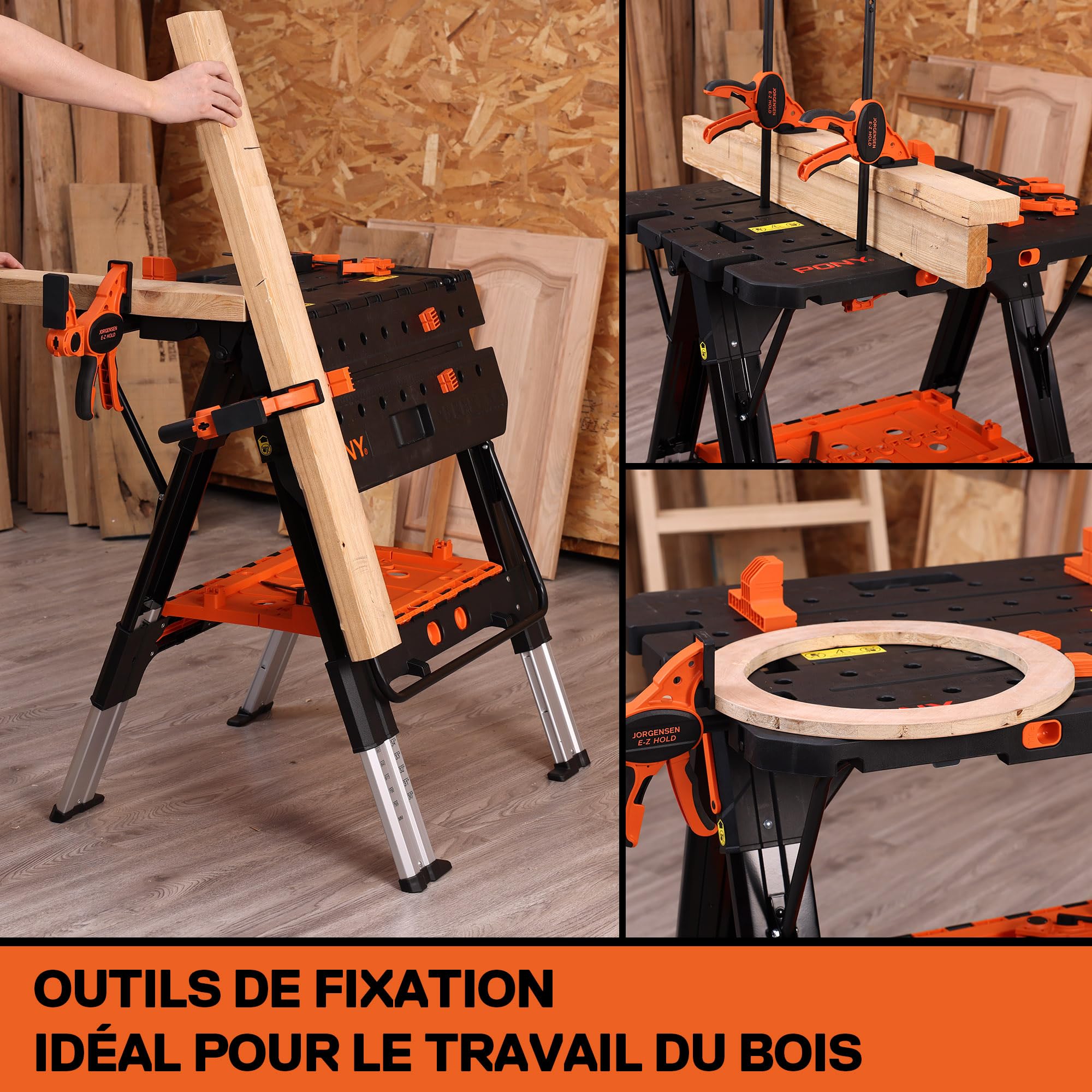 PONY Établi de Serrage 2 en 1, Établi Pliant avec 4 Serre-Joints, Chevalet de Sciage et Table de Travail, Capacité de Charge Jusqu’à 454 kg / 227 kg, Pieds en Aluminium pour Une Stabilité Optimale