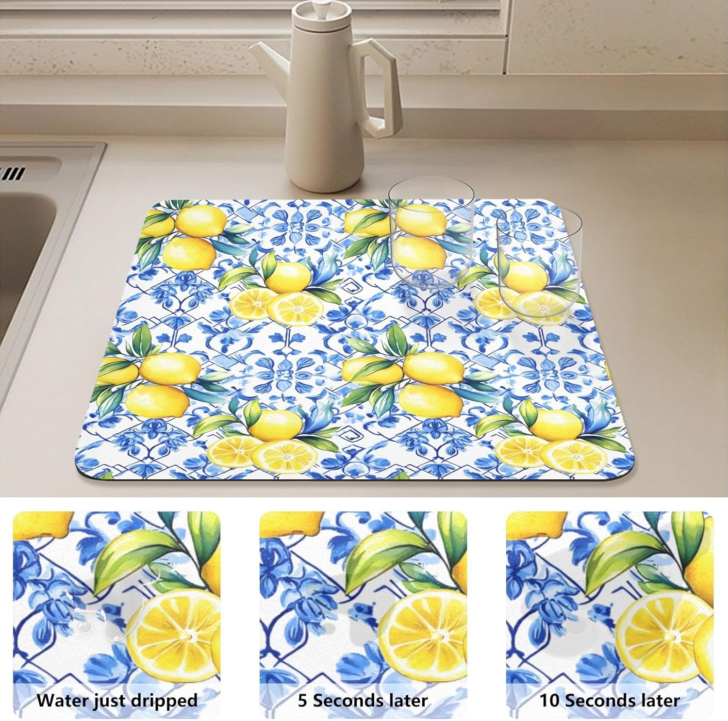 Greek Lemon Leave Pattern Dish Drying Mat for Kitchen Counter, Large Drainer Mats with Non-slip Rubber Backed, Dish Drainer Rack Mats for Coffee Maker Coffee Pot