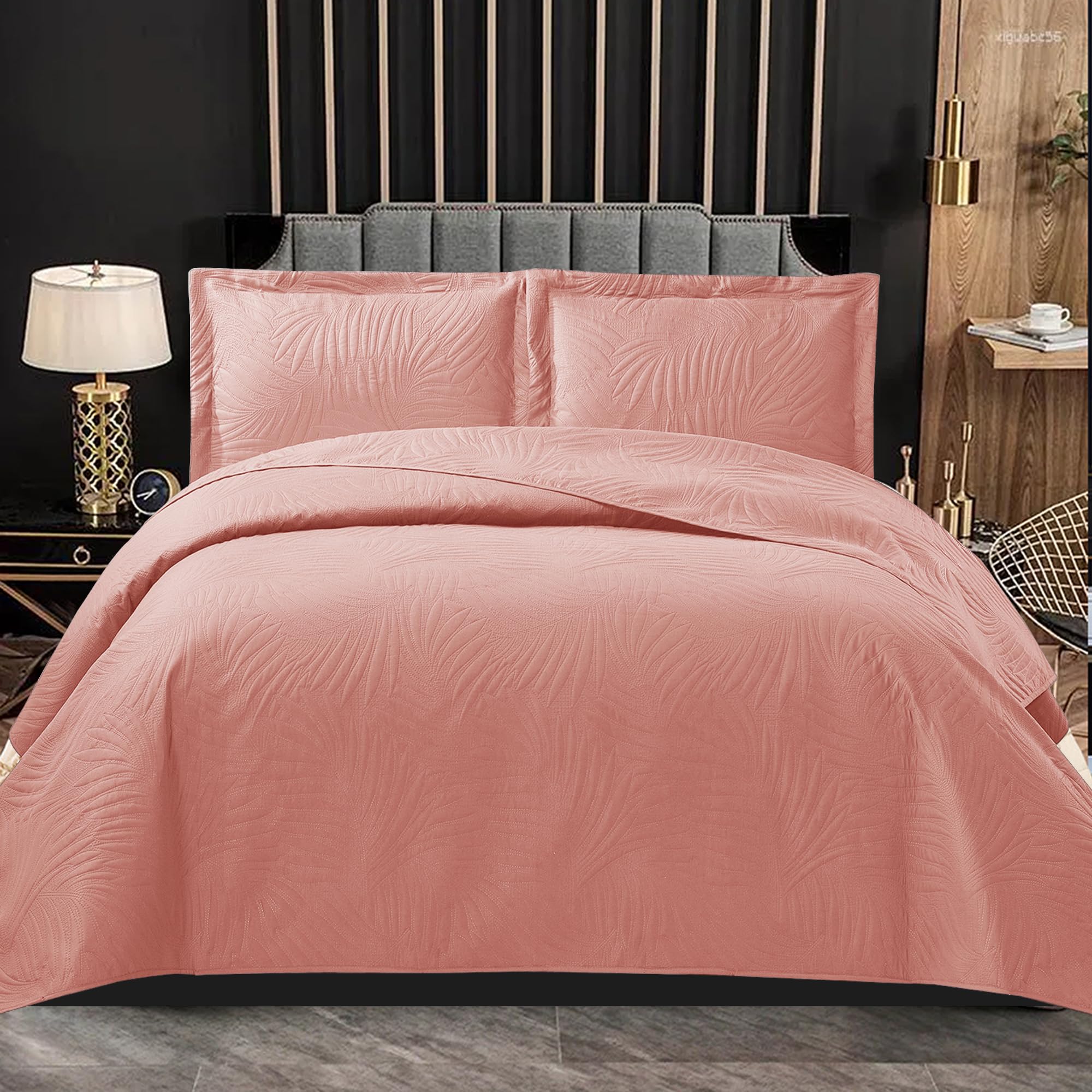 Bedspread Bed Throws for Bedroom Decor - Decorative Embossed Tropical Leaf Pattern Quilted Fabric Reversible Quilt Bedspreads Coverlets with Pillow Case (Double, Pink)