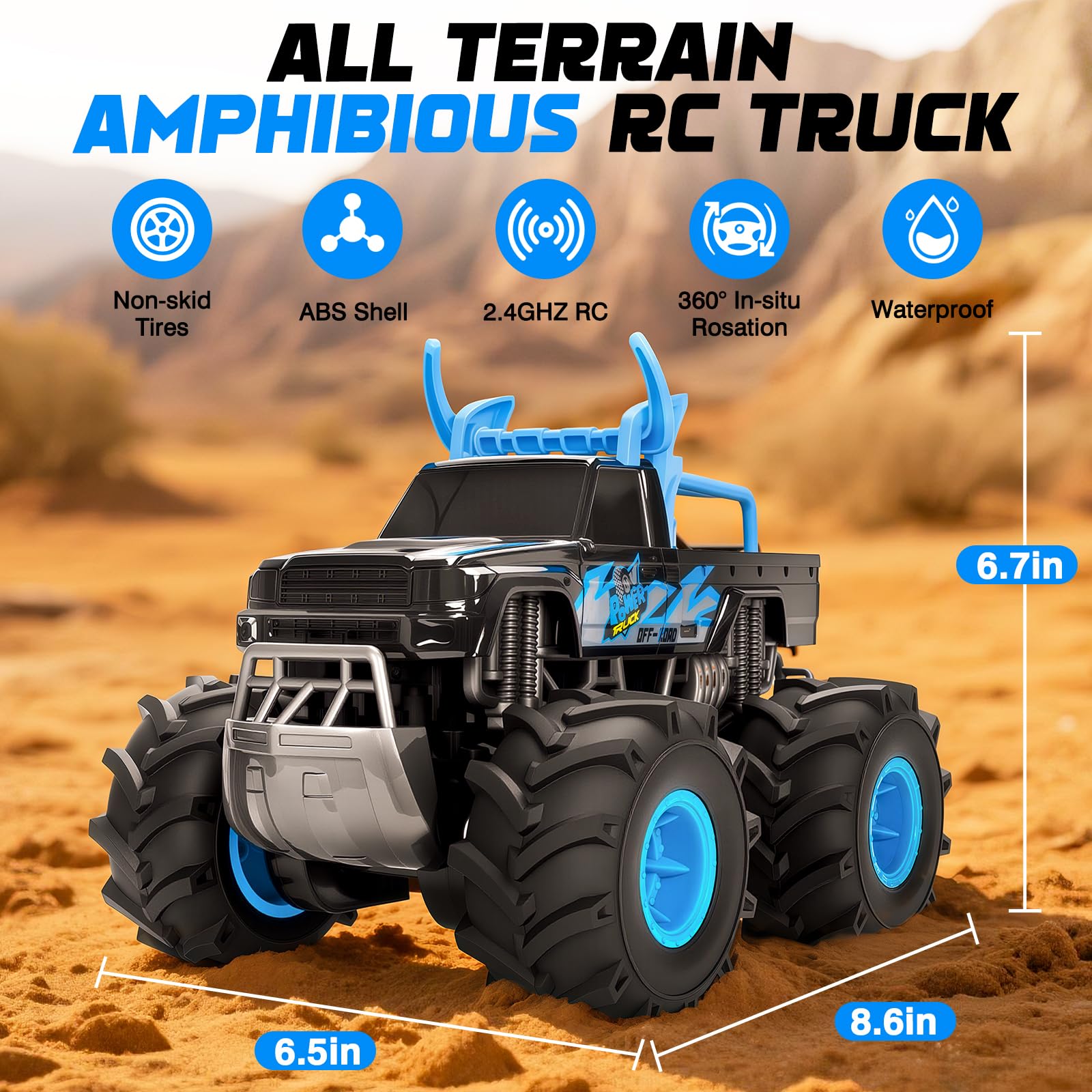 BainGesk Waterproof Remote Control Monster Truck Toys, 1:16 RC Car, 2.4GHz 4WD All Terrain Car Toys with 2 Rechargeable Batteries, Off-Road Truck Gifts for 6, 7, 8, 9, 10, 11, 12 Year Old Boys