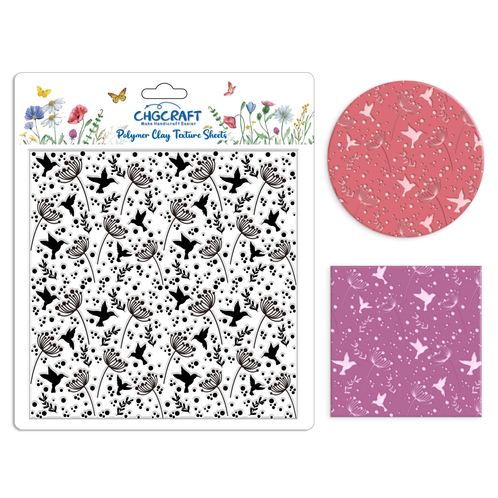 CHGCRAFT Hummingbird Polymer Clay Texture Sheets Leaves Silicone Texture Stamp Clay Texture Mat Modeling Pattern Pad Texture Sheets for Jewelry and Clay Earrings Tools, 5.5x5.5 inch