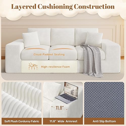 Miniatura 7 de Sofá sin hueso de 91.7 pulgadas con cojín en capas, sofá nube de 3 plazas con asiento profundo, sofá tapizado de pana con funda extraíble y