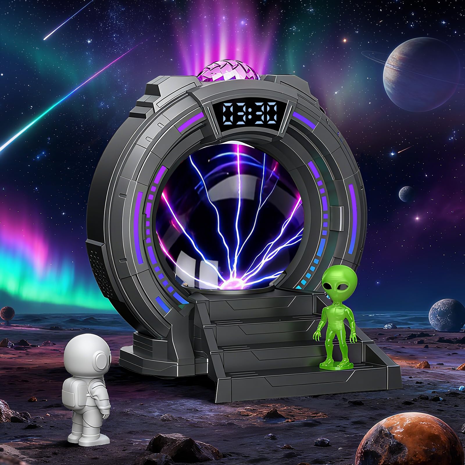 Flumy Projektor zorzy polarnej, prezent dla dzieci, z astronautą i kosmitą, projekcja lampki nocnej, biały hałas, bezprzewodowy głośnik, budzik, pilot zdalnego sterowania, dekoracja pokoju do sypialni