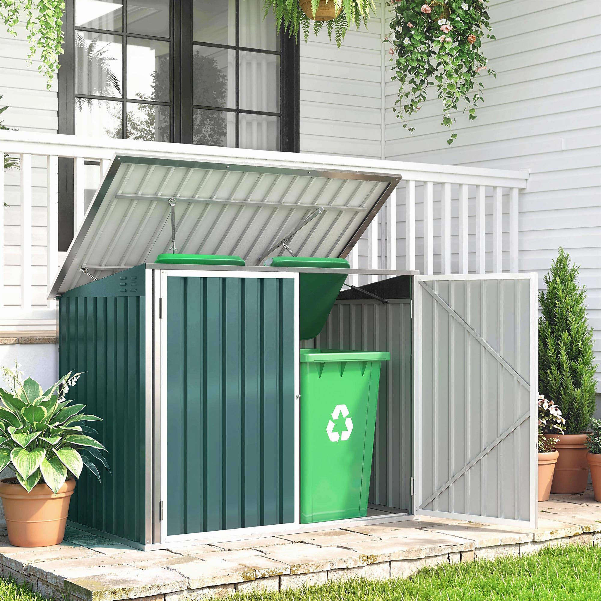 Outsunny Casetta per Spazzatura Esterna 1.91m² in Acciaio Zincato con 2 Porte Bloccabili, Contenitore per Bidoni Rifiuti con Tetto Apribile Prese d'aria, Capanno da Giardino per 2 Bidoni, Verde - 2