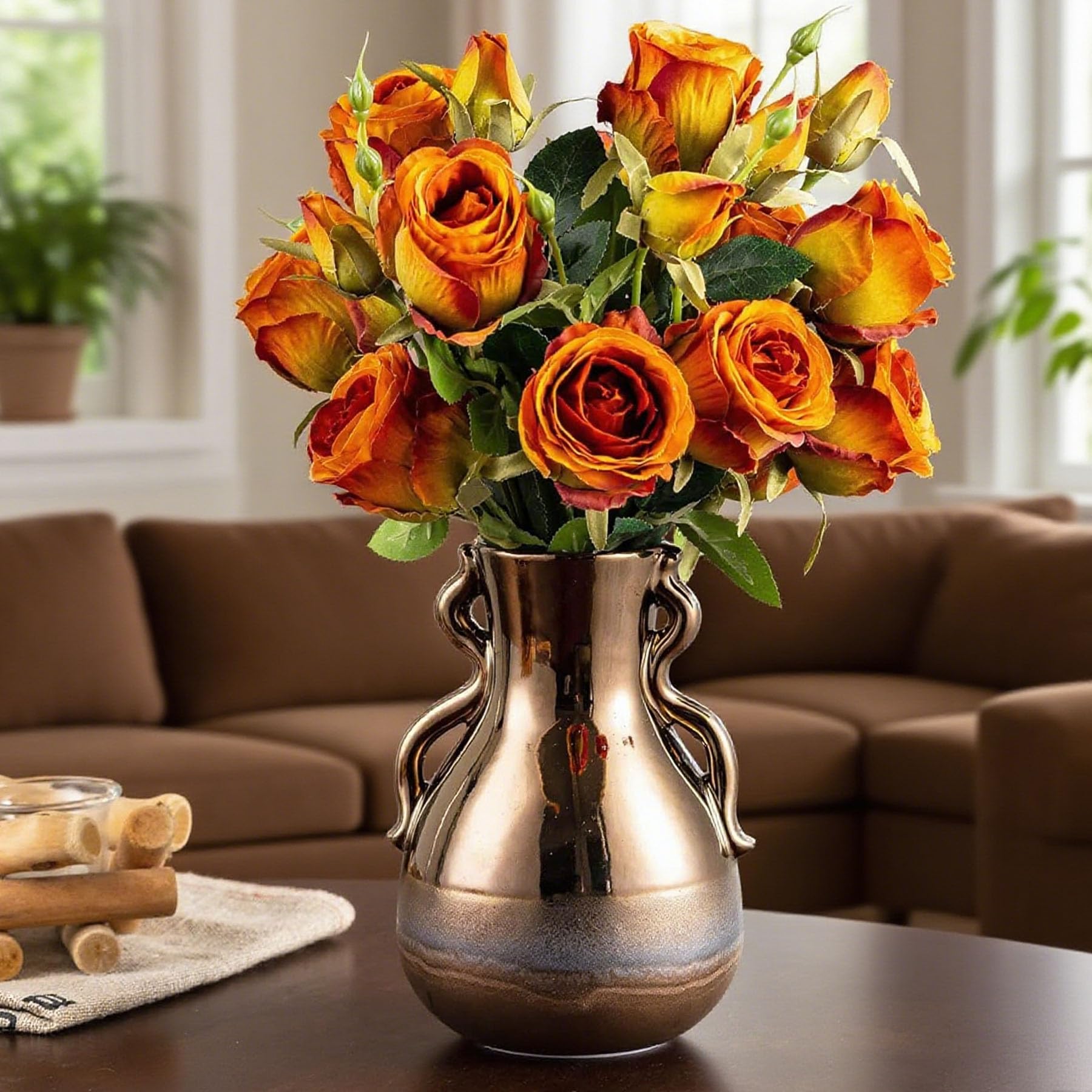 Gold Ceramic Vase with Handles, Brown Rustic Farmhouse Vintage Flower Vases Home Decor, Modern Amber Brown Tall Centerpiece Floral Small Vase for