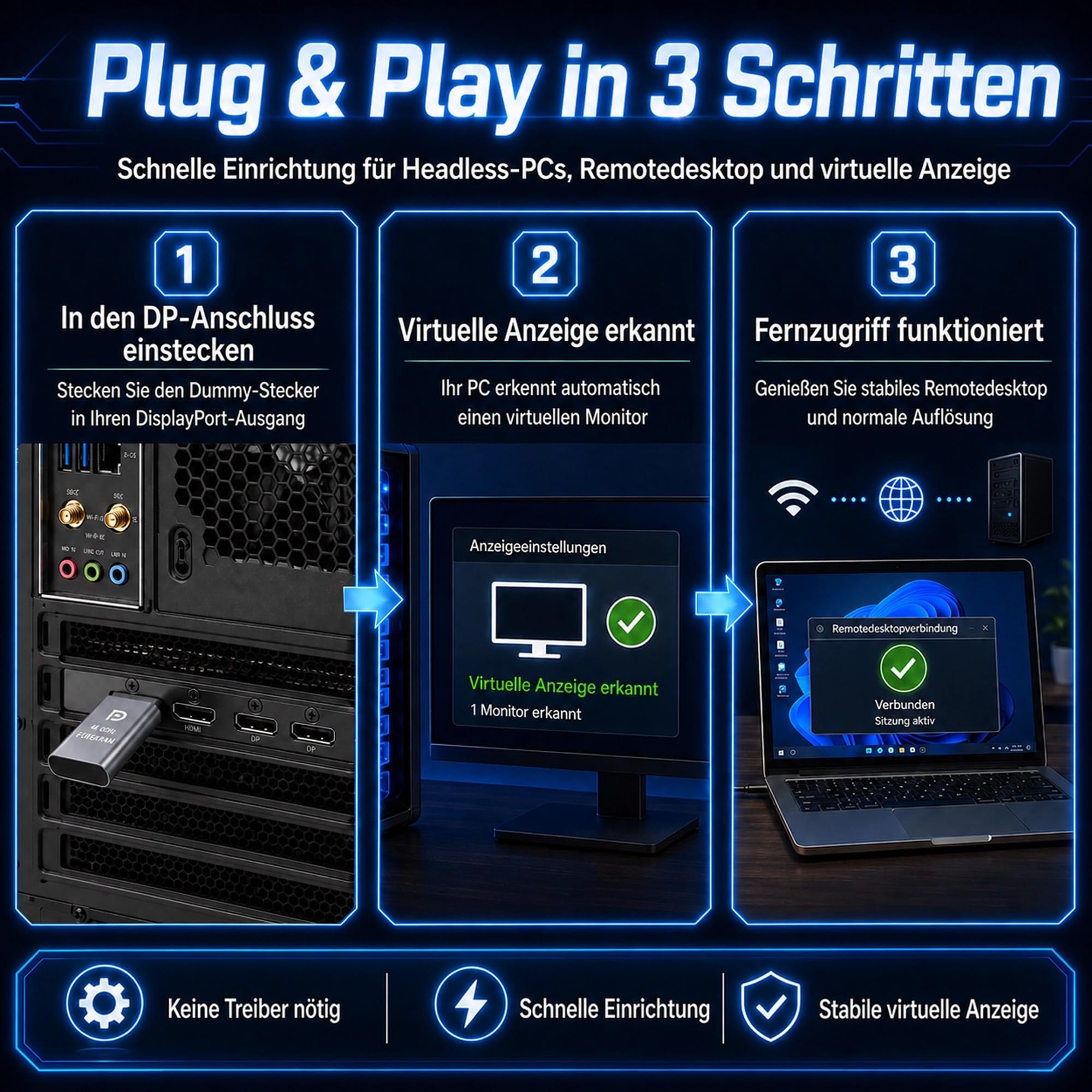 4K60Hz DP Dummy Plug,3840x2160@60Hz 1440P@120/144Hz 1080P@120/144/240Hz Virtual Display Emulator,displayport Dummy Plug,Headless Ghost Display Adapter, EDID Monitor (Grey, 1Pack)