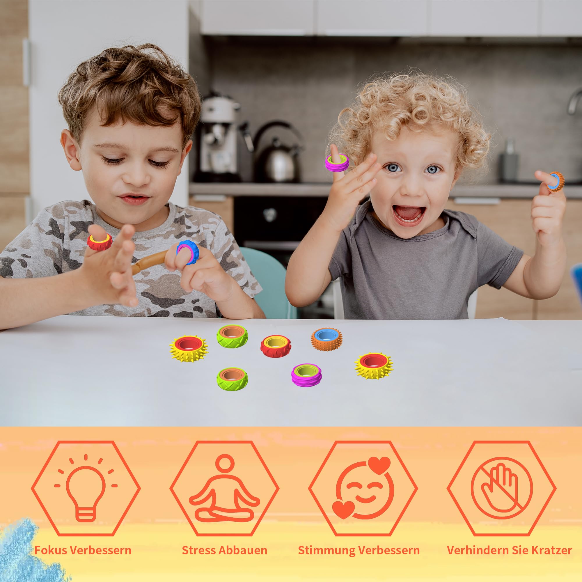 Zestaw 12 zabawek Fidget Ring dla dzieci i dorosłych, silikonowe pierścienie antystresowe, Fidget Spinner do pomocy przy ADHD, do akupresury, zabawki autystyczne, pierścienie do masażu palców