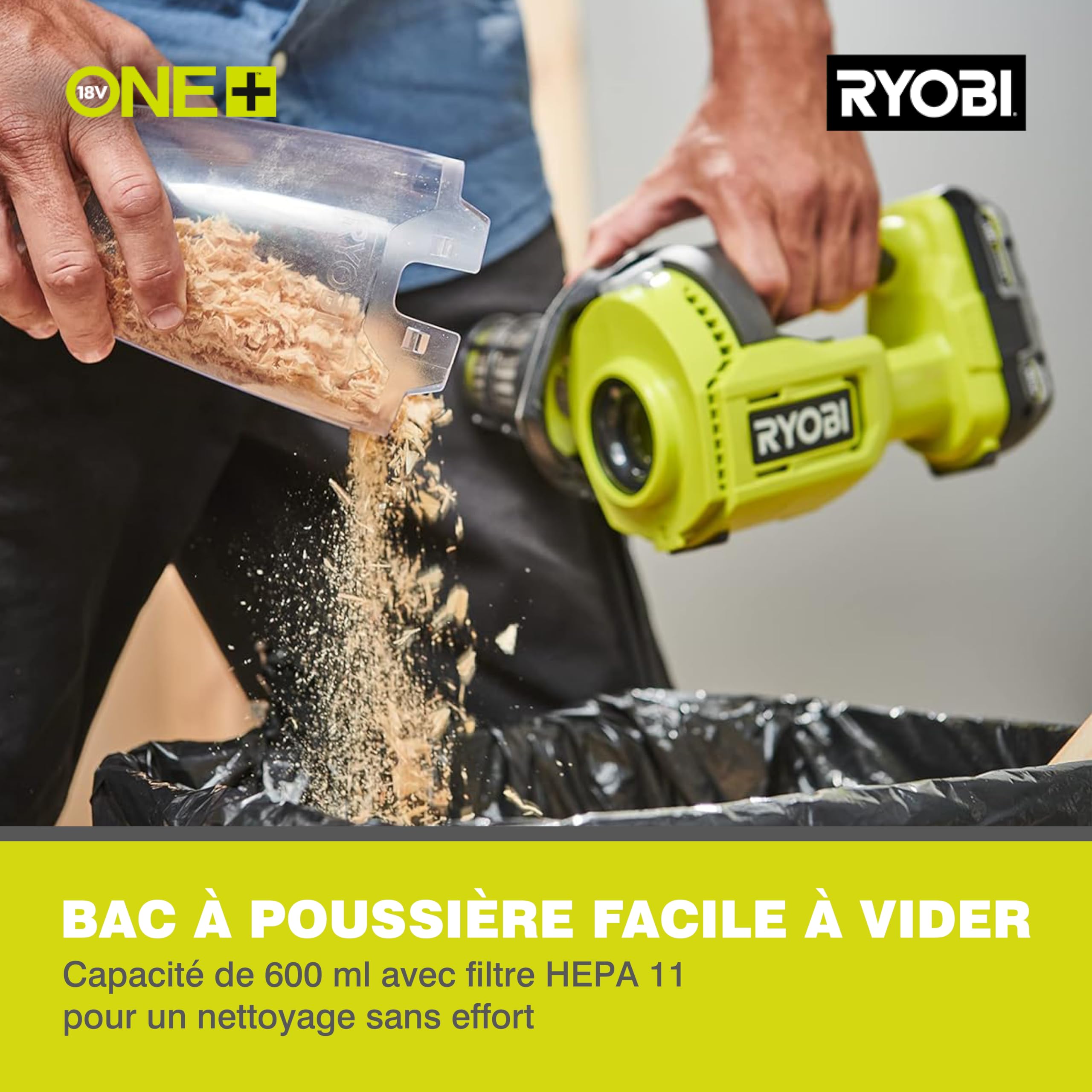 RYOBI - Aspirateur à Main sans Fil 18V One+ RHV18-0 – Compact, Léger (900gr), Bac à poussière de 600 ML, Filtration – Idéal Maison, Voiture – Batterie Non Incluse