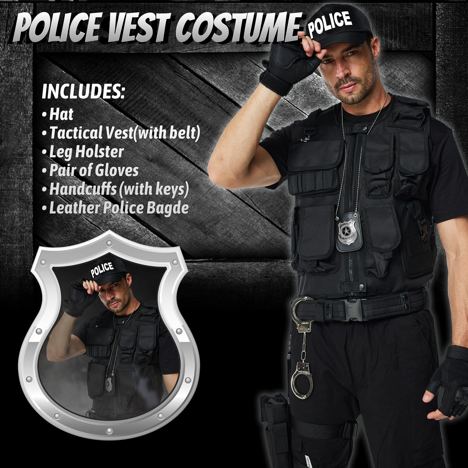 Ulikey Chaleco SWAT Adulto, Disfraz de Chaleco SWAT Policía Adulto, Guantes, Cinturón, Placa de Policía Disfraz de para Hombre Halloween Carnaval Fiesta de Disfraces Cosplay