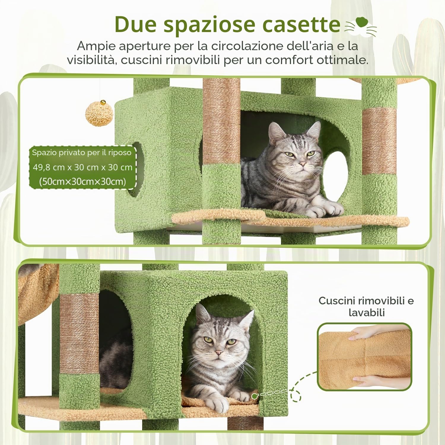 Globlazer Tiragraffi XXL Verde Cactus Grandi 188 cm con 2 Grotta 50*30*30CM, 2 Cesto, Piattaforma Imbottiti, Stabile Albero Tiragraffi per Gatti Adulti Interno Peluche Facile da Pulire (S74, Verde)