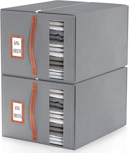Paquete de 2 organizadores y almacenamiento de sábanas, 2 en 1 contenedores de almacenamiento grandes para armario de ropa (tamaño Queen o King) -