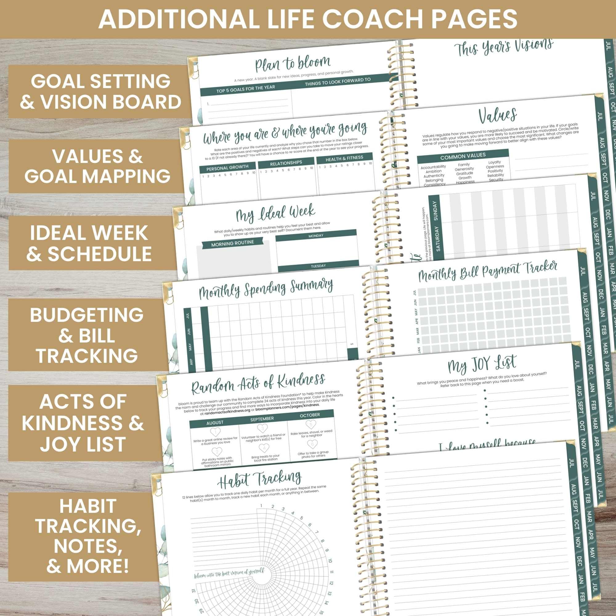 Hardcover, agenda bloom daily planners 2024-2025 (21,6 x 27,9 cm) per anno accademico (luglio 2024 - luglio 2025), organizer per passioni/obiettivi, agenda mensile e settimanale, eucalipto, bianco