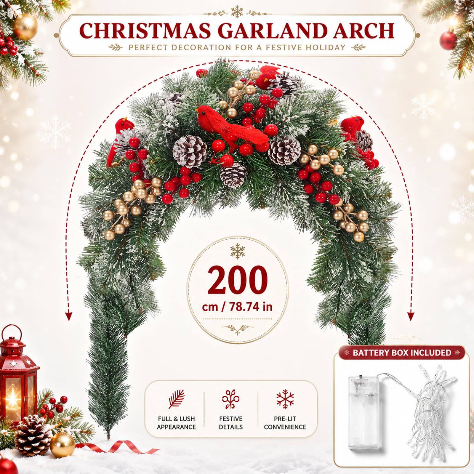 Fumete Guirlande de boîtes aux lettres de Noël avec lumières - 91,4 cm - Rouge - Guirlande avec minuterie pour porche, maison, extérieur, entrée, décorations de vacances