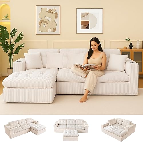 105 Inch Cloud Sectional Couch Modern Modular Sectional Sofa with Deep Seat - L Shaped Comfy 3 Seater Sectional Couches for Living Room with Cup