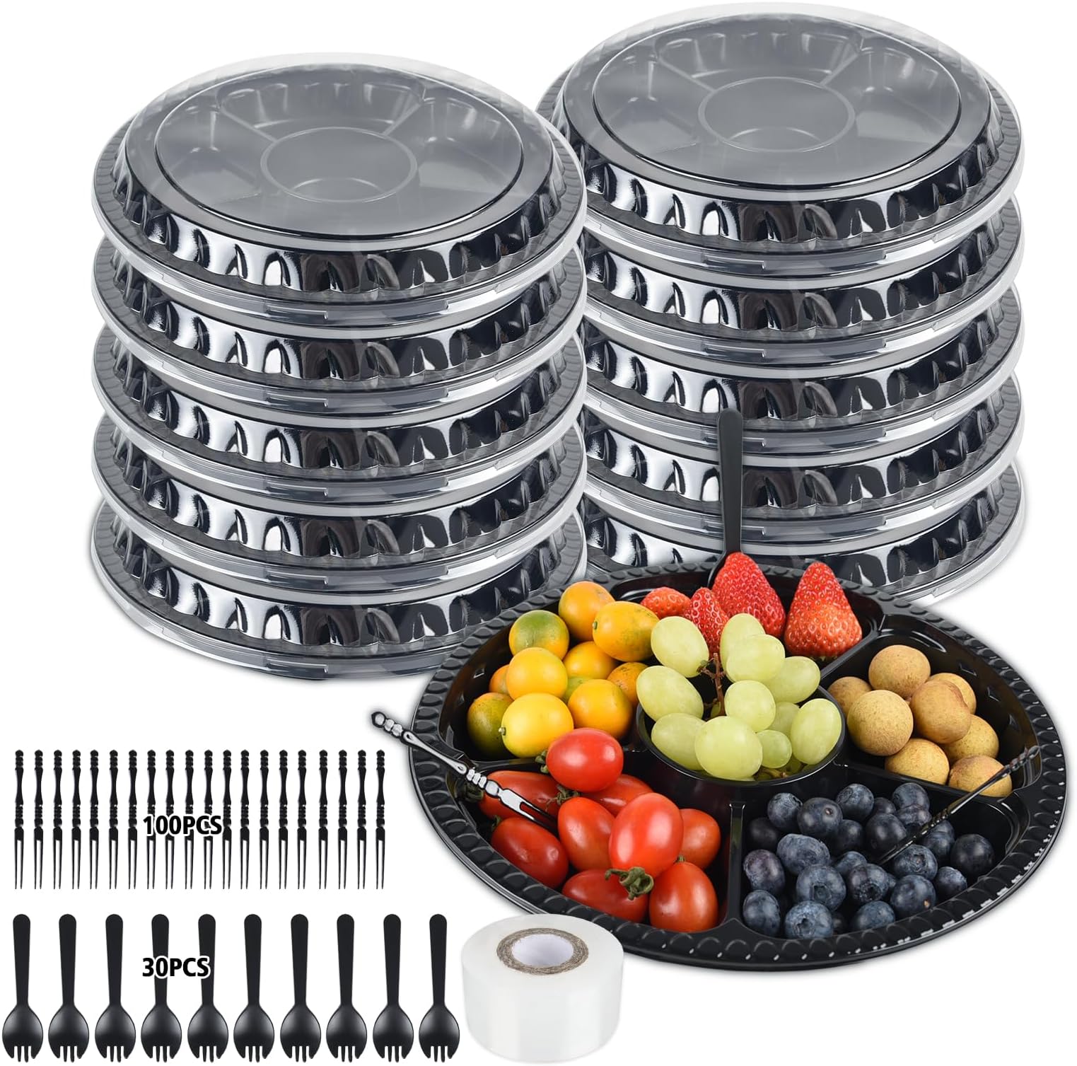 10 Pieces Appetizer Serving Trays with Lids 10.4 Inches Disposable Veggie Fruit Tray 6 Divided Compartment Container Round Food Container Platter with Forks for Party Buffet( Black )