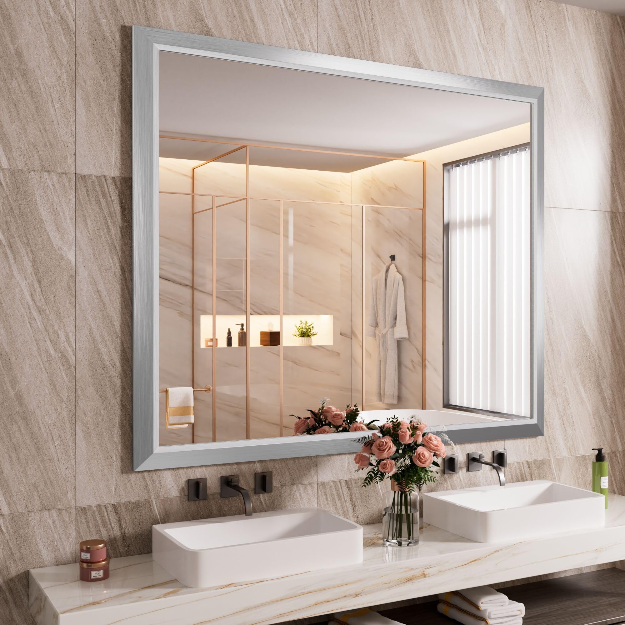 Photo 1 of Amorho Bathroom Mirror, 48x40 Inch Silver Thick Metal Framed Wall Mirrors for Over Sink, Brushed Nickel Mirror Perfect for Bedroom, Living Room, Entryway, Rectangle (Horizontal/Vertical).