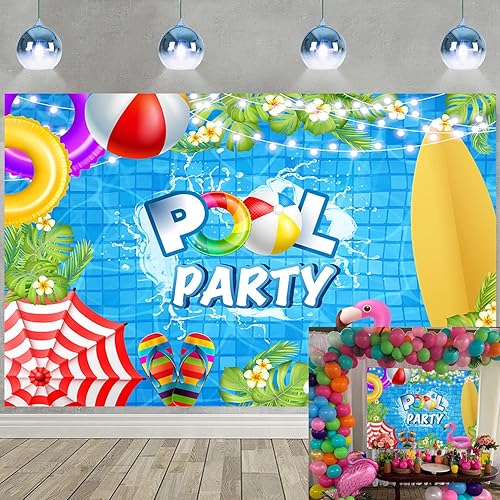 Telón de fondo para fiesta en la piscina, 8 x 6 pies, anillo de natación, tabla de surf, palmera tropical, flor, flamenco, fotografía, fondo, baby